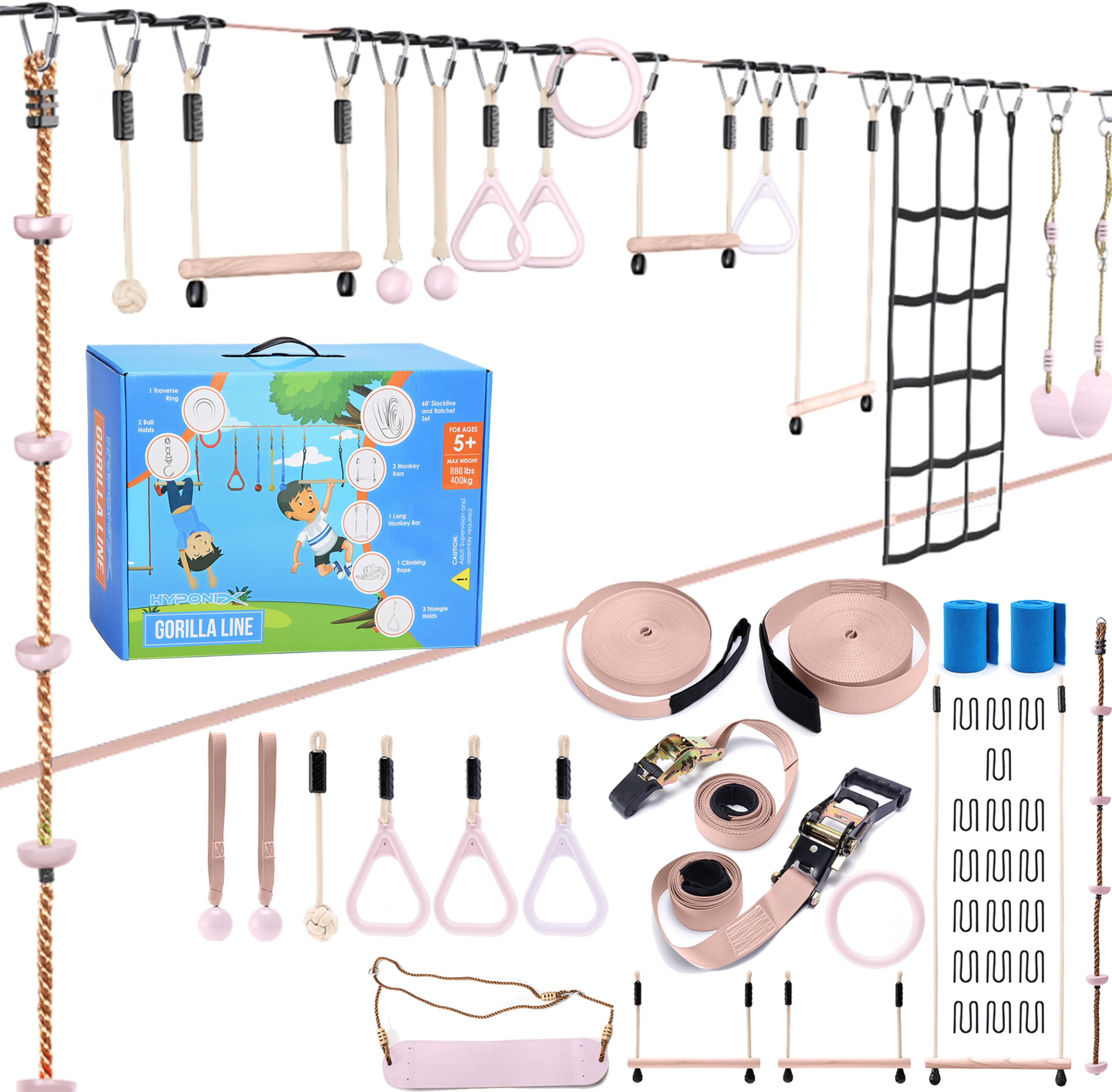 hyponix ninja warrior obstacle course for kids up to 880 lbs - 2 x 60 ft - w/bottom line & 13 obstacles | weatherproof | easily setup on trees or posts | ninja course for kids outside