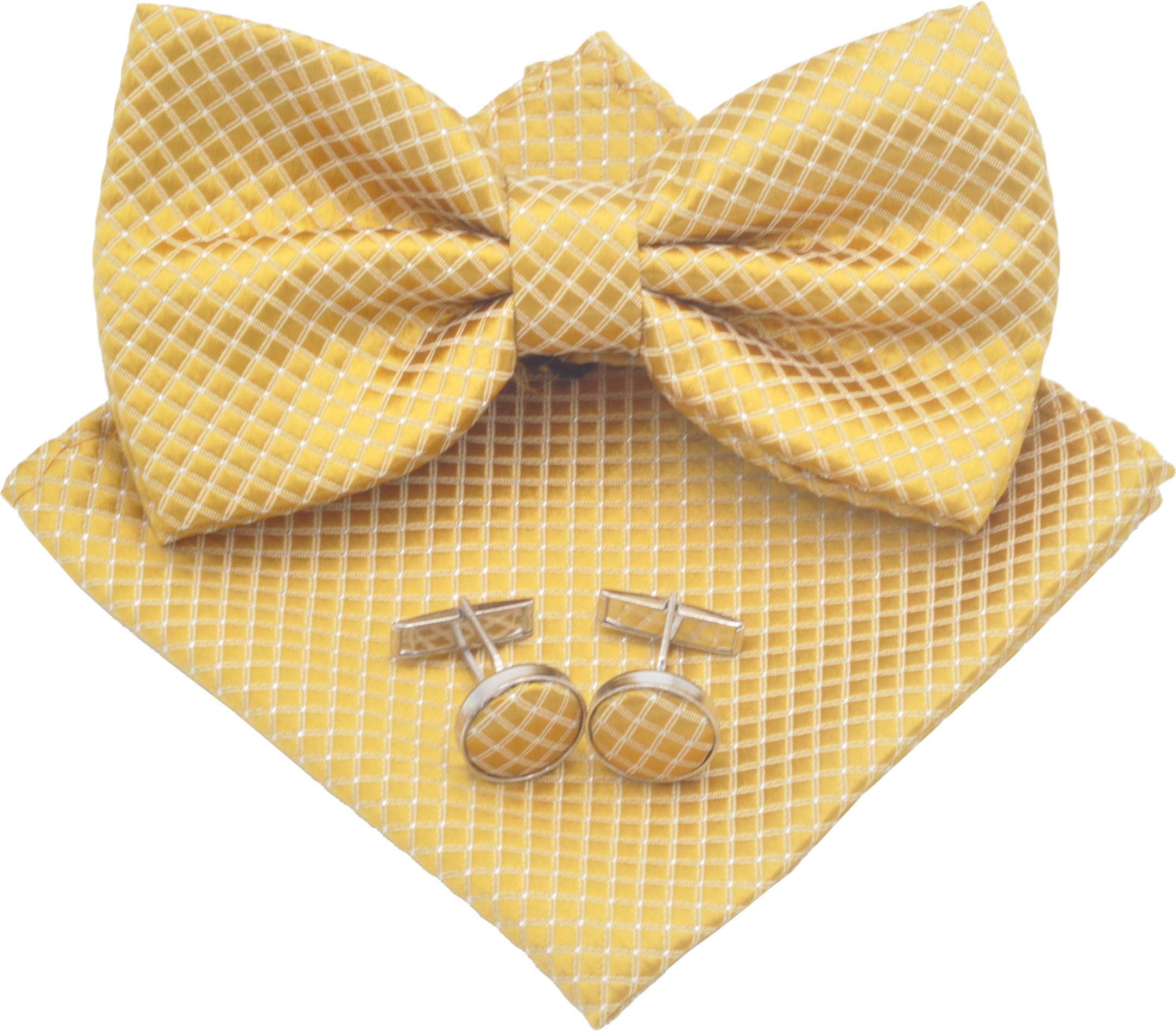 HYACINTH Men's Formal Checkered Pre-tied Bow Tie & Handkerchief & Cufflinks Set (Camel)