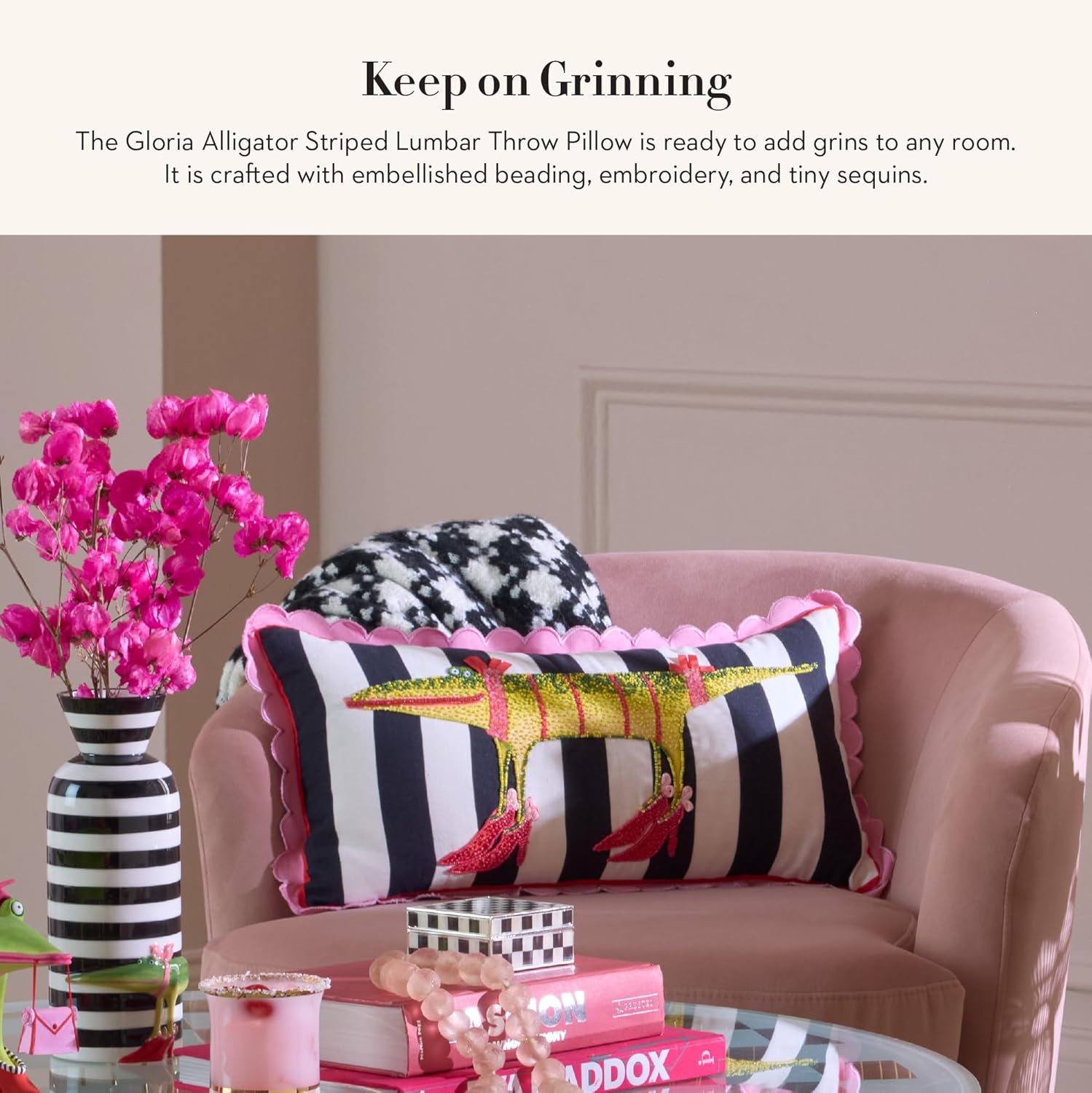 MACKENZIE-CHILDS Patience Brewster Lumbar Throw Pillow, Decorative Cotton Pillow for Living Room, 11x22, Gloria Alligator