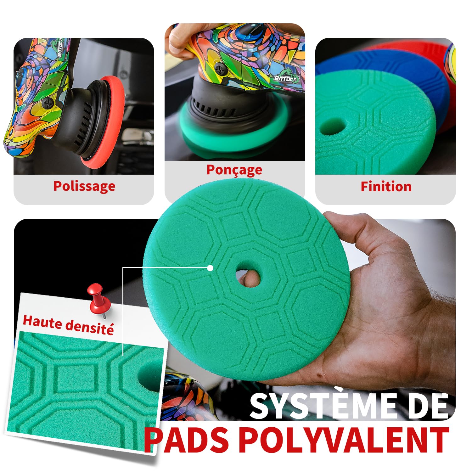 BATOCA P1 Polisseuse Orbitale Auto 1000W Lustreuse 125mm Orbite 15mm | 6 Vitesses 2500-5500 RPM, Câble 5m Amovible, avec Brosse & Sac pour Polissage & Cirage de Voiture