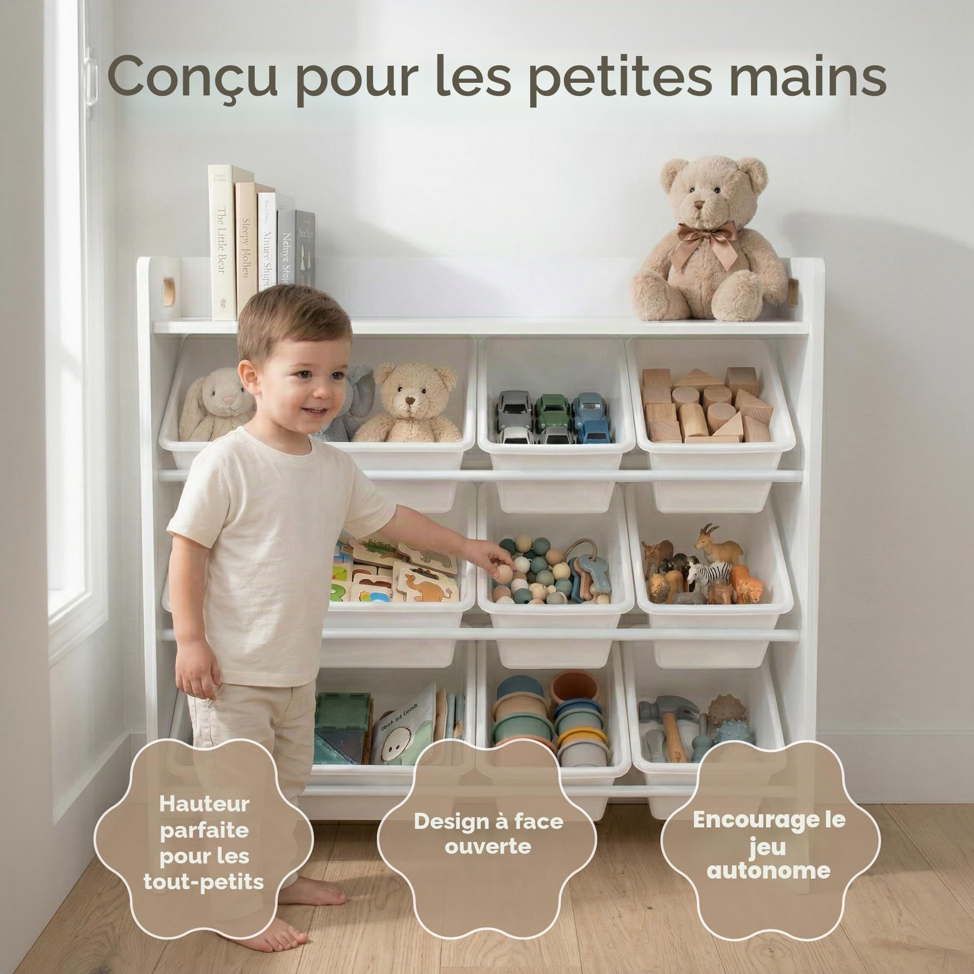 Humble Crew, étagère pour enfants, organisateur de jouets avec 9 bacs de rangement, blanc/blanc