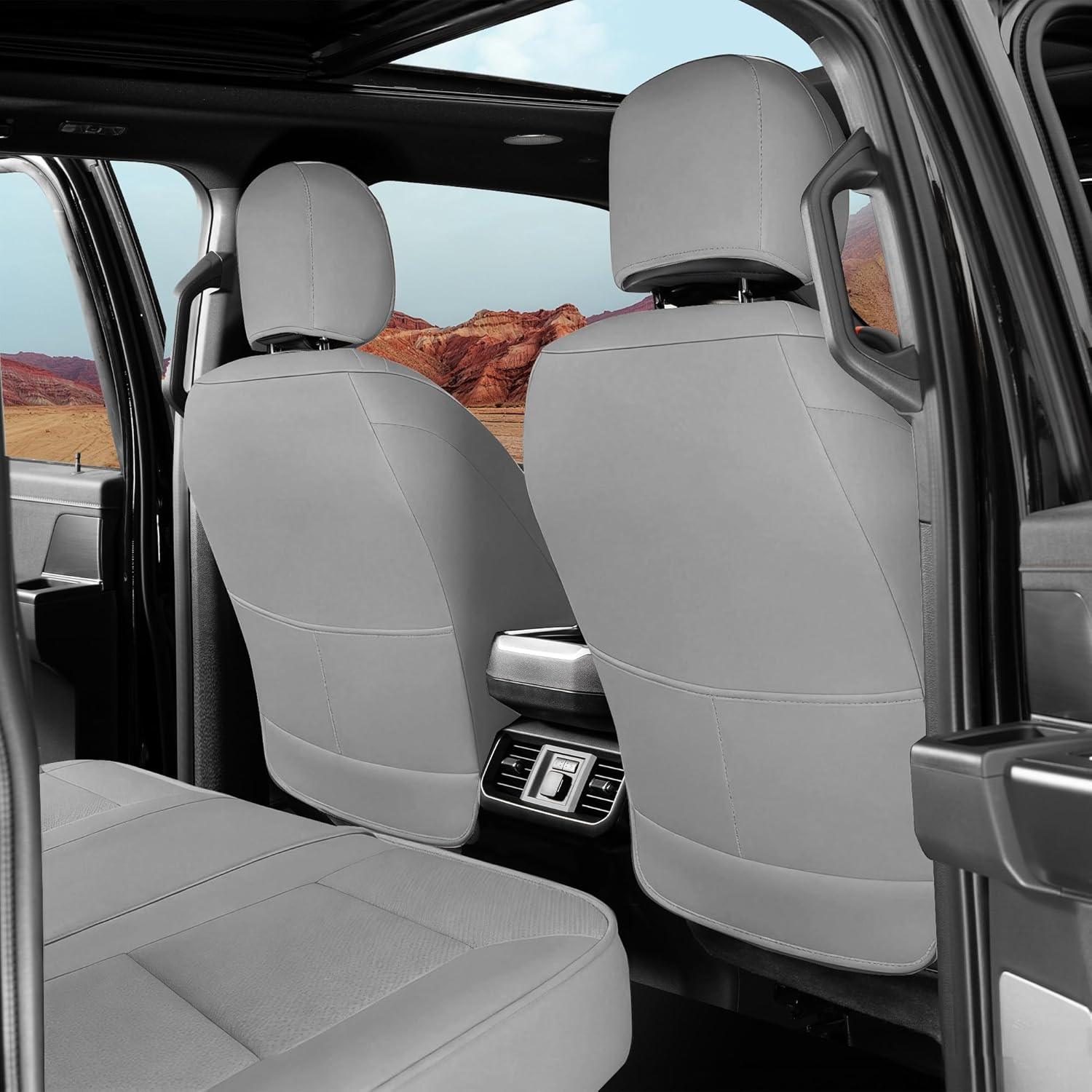 F150 Seat Covers Front Set, Faux Leather Truck Seat Covers Custom Fit for 2009-2026 Ford F-150 SuperCrew & 2017-2026 F250 F350 F450 Crew Cab XL XLT Lariat King Ranch (Gray)