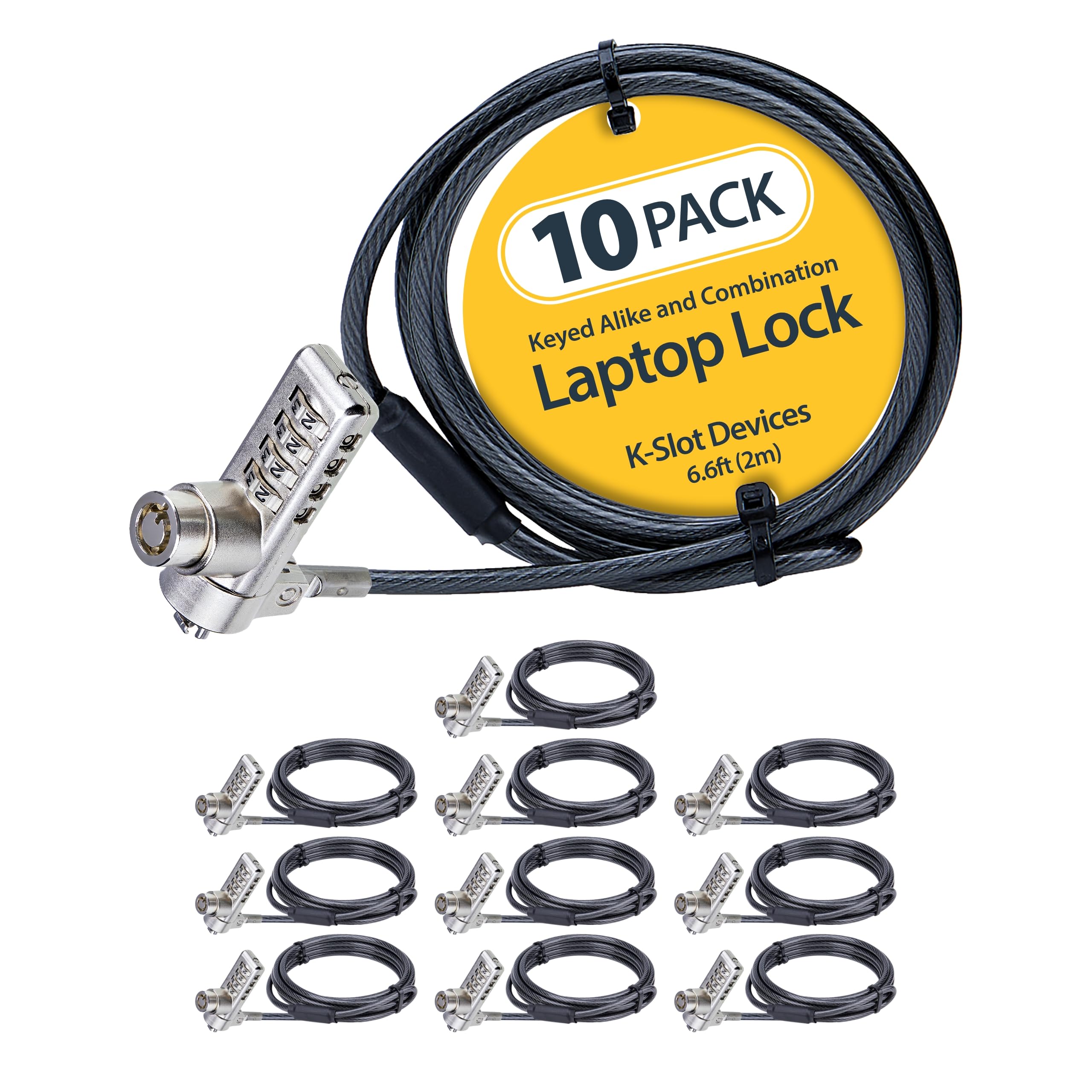 StarTech.com 10-Pack Dual-Access Laptop Lock, 6.6ft (2m) Keyed Alike and Combination Security Cable Lock for K-Slot Devices, TAA