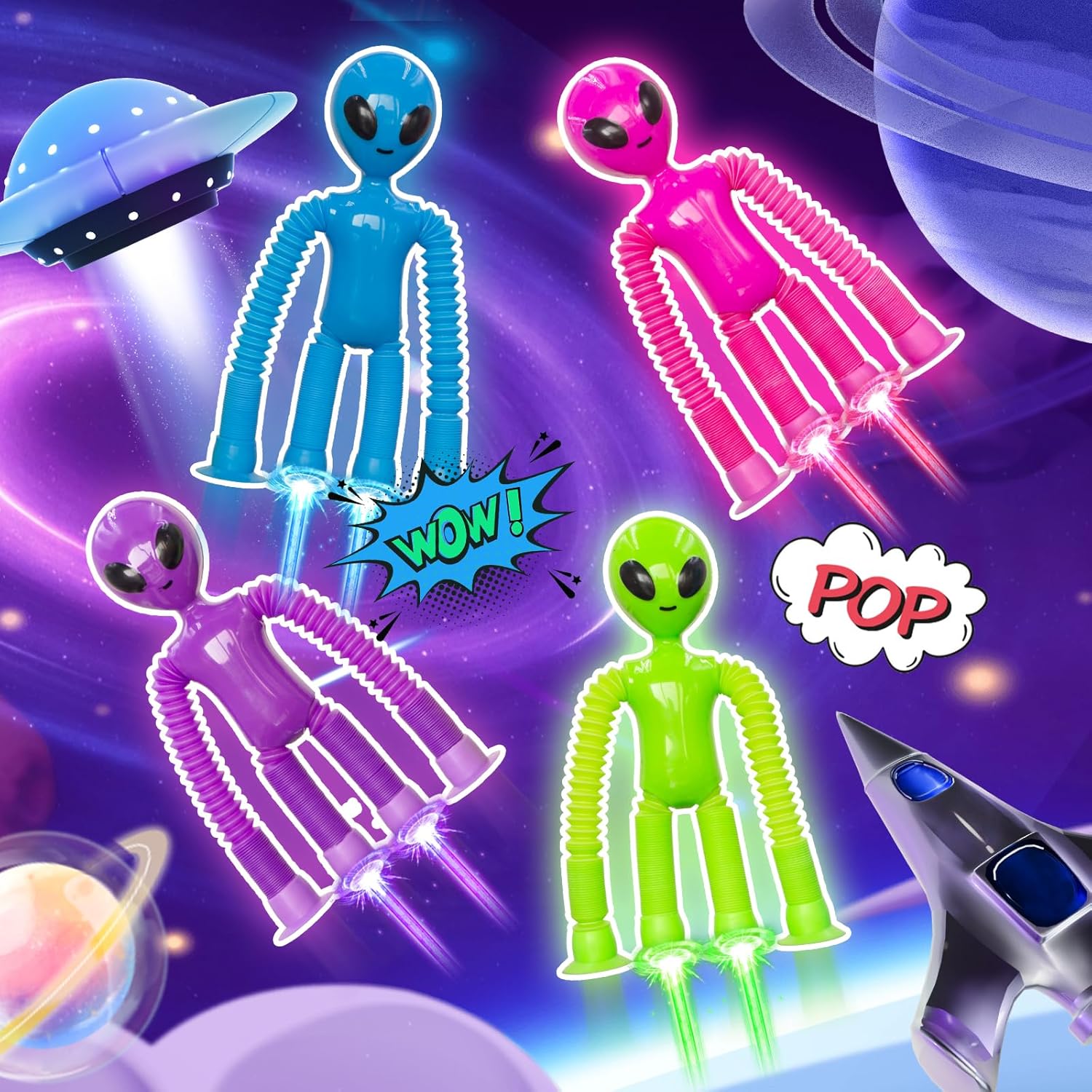 Pop Tubes Alien Fidget Toys for Kids, 4Pack Fidget Toys Telescopic Suction Cup Toy for Stress and Anxiety Relief, Easter Basket Stuffers Gifts for Kids and Toddlers (4 Pack Alien)