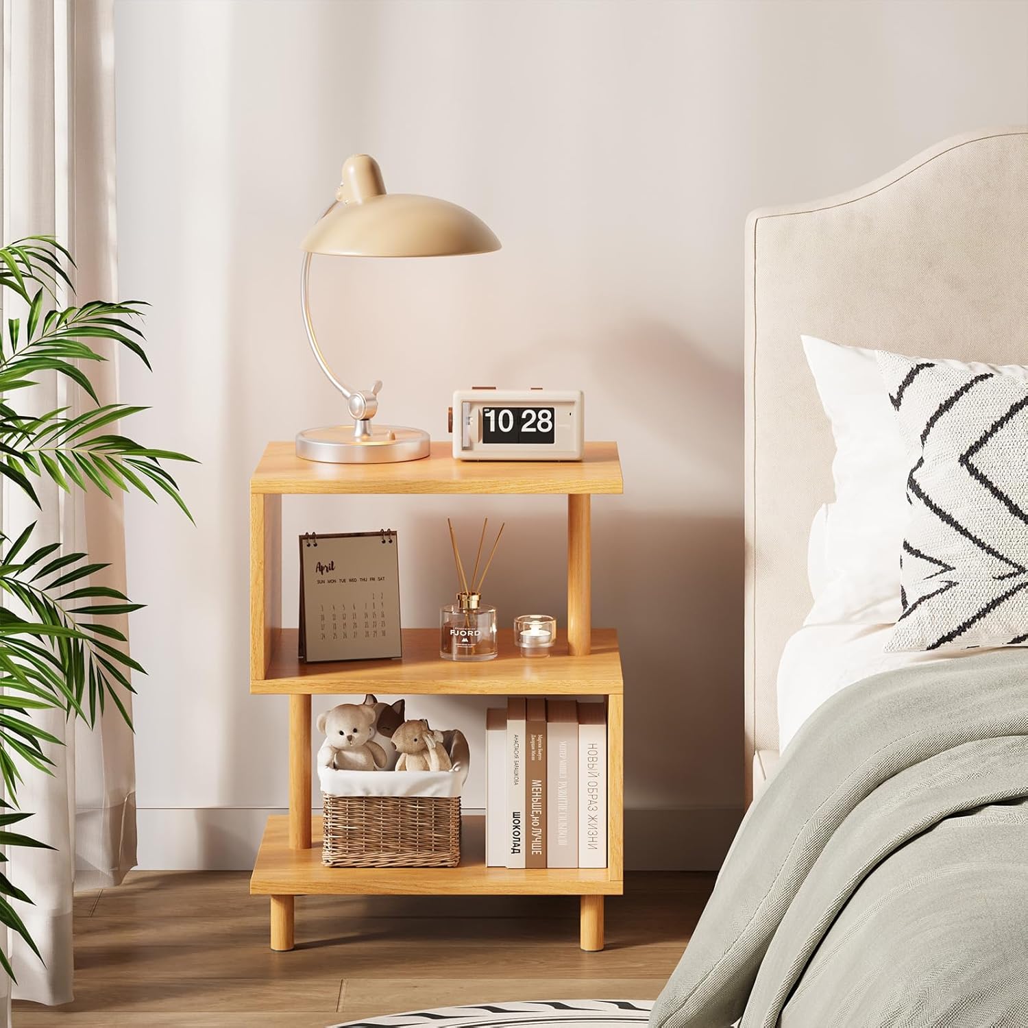 Apicizon S-Shaped Side Table, 3-Tier Nightstand with Solid Wood Legs, Slim Bedside Table with Storage Shelf, Modern End Table for Small Spaces, Bedroom, Living Room, Entryway, Natural