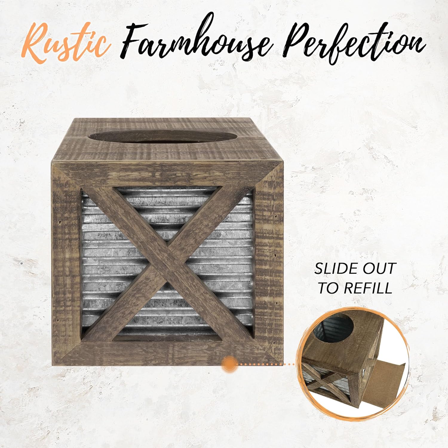 Autumn Alley Rustic Farmhouse Bathroom Decor Set - Includes Farmhouse Toilet Paper Holder and Square Tissue Box Cover with Warm Brown Wood, Galvanized Metal & Matte Black Hardware for Western Charm
