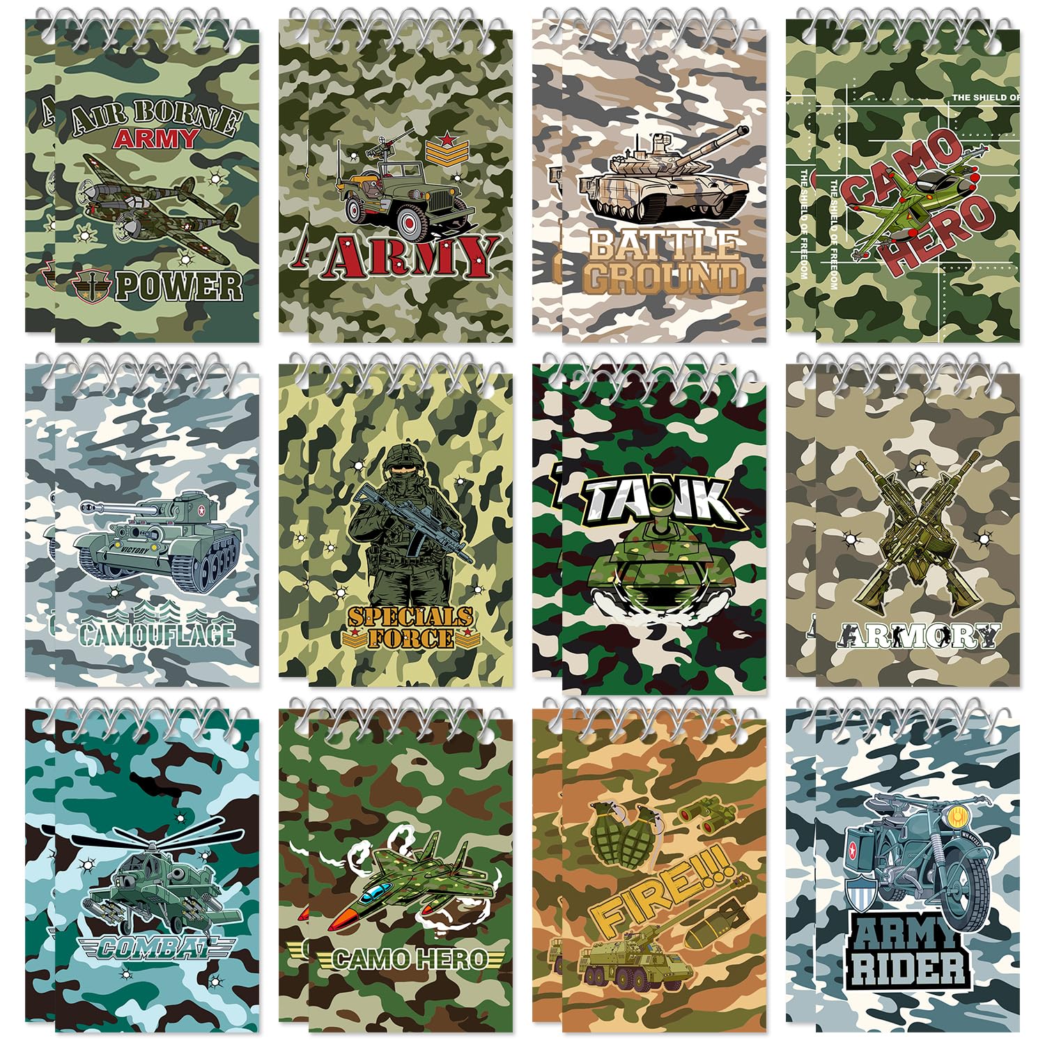 YYMYMGJ 24 Packs Military Camo Mini Spiral Notebooks, Camouflage Army Pocket Notepads Journal Memo Pads for Birthday Party Favors Gifts Goodie Bag