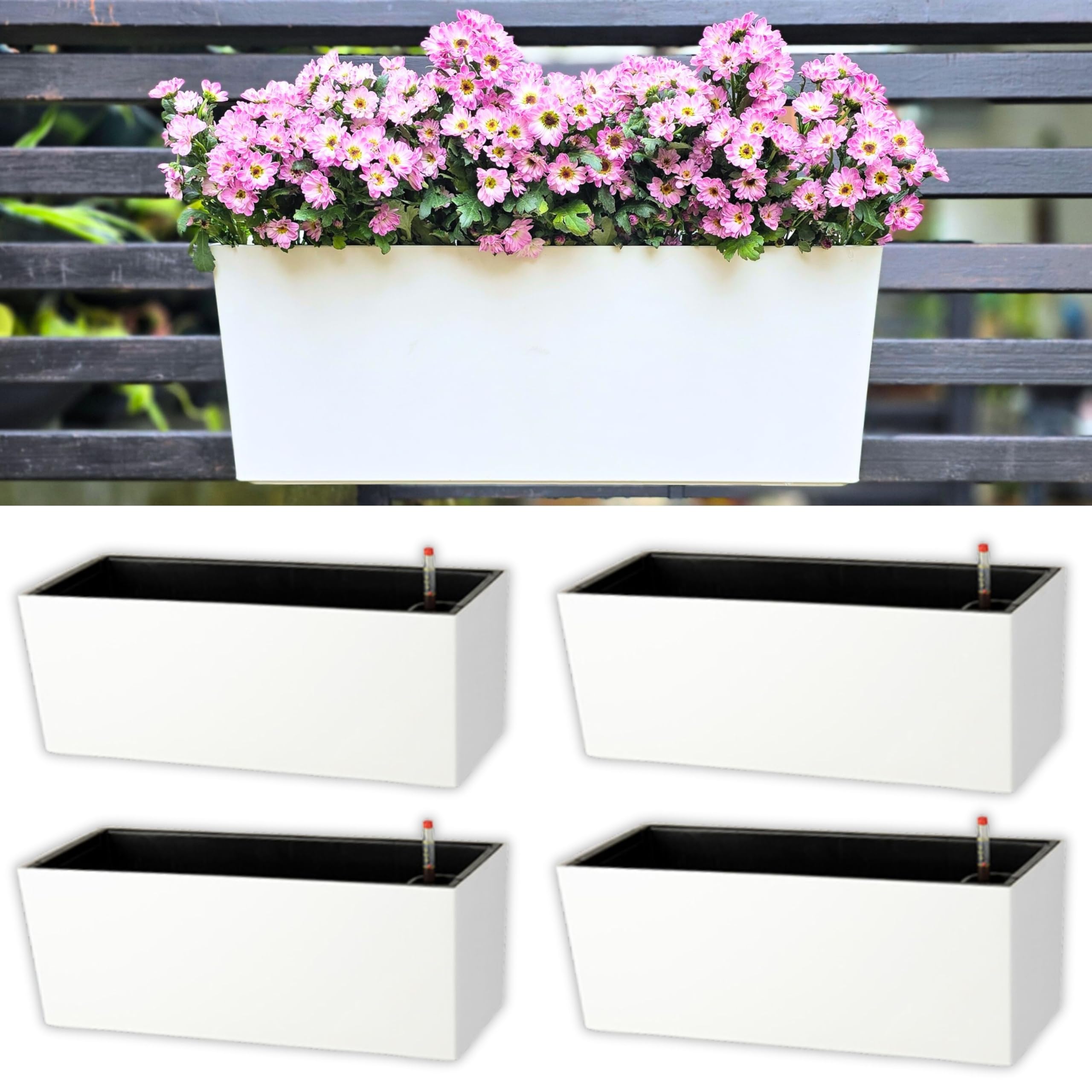 LaLaGreen - Maceta con barandilla (20 pulgadas, 4 unidades), color blanco, rectangular, con soporte, sistema de riego automático, maceta colgante para macetas al aire libre, contenedor, barandilla