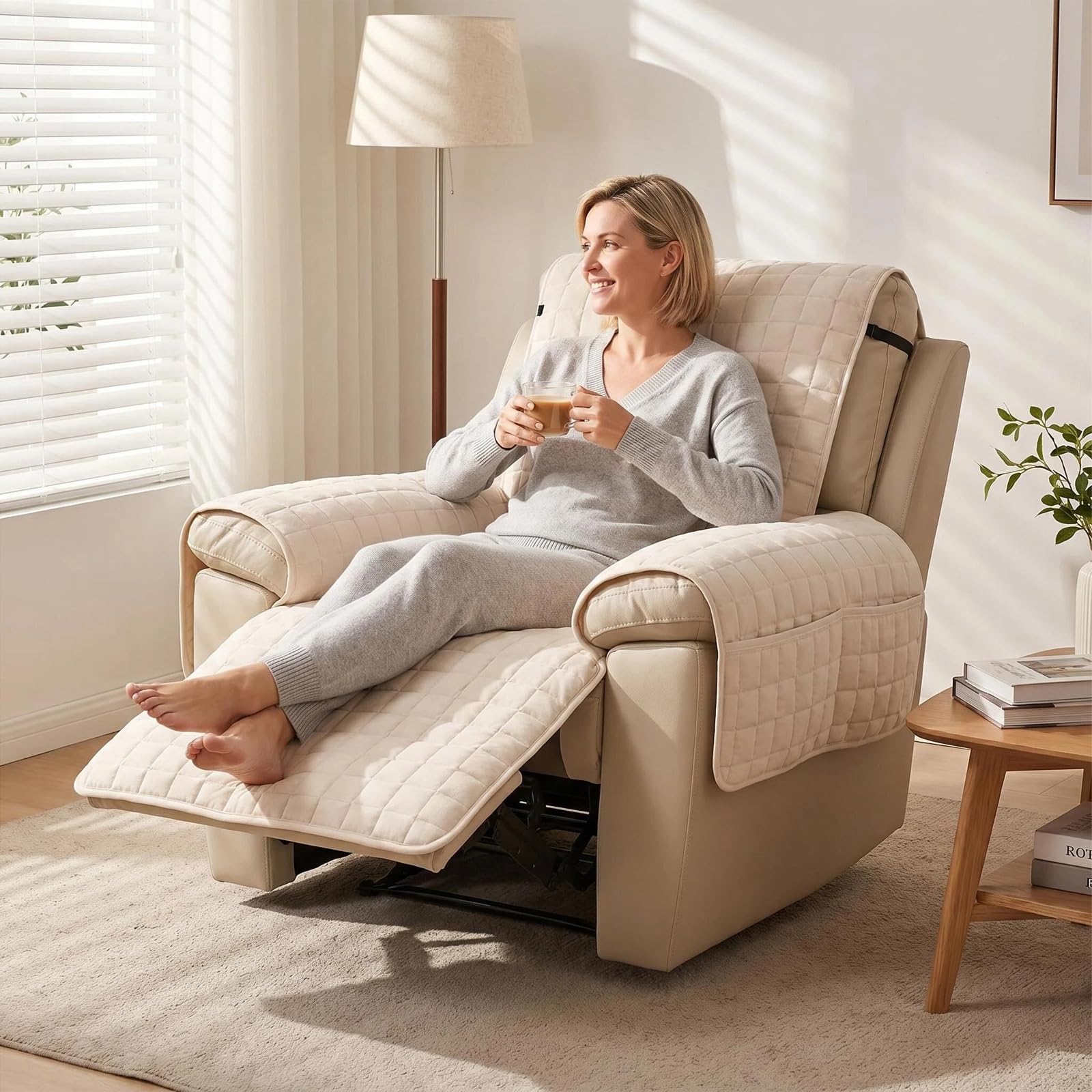 Sesselschoner für Relaxsessel 53x190 cm mit Taschen, Sesselüberwurf Anti-Rutsch mit Armlehne, Fernsehsessel Schutzbezug mit Aufbewahrungstaschen für Haustiere & Kinder