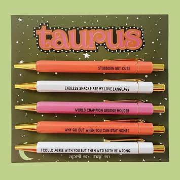 5pcs Funny Taurus Pens - 12 Constellation Birthday Gift, Office School Writing Pens for Friends and Colleague, Smooth Writing, Quick Drying Black Ink Taurus