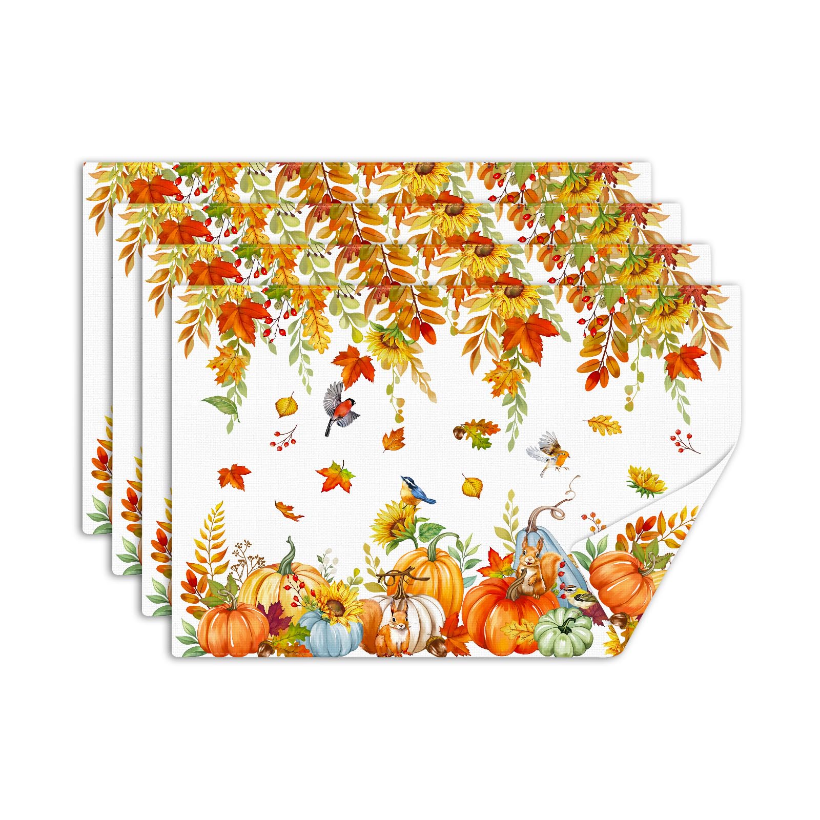 comfoyar Autumn Pumpkin Sunflower Table Placemats Set of 4, 45x30cm Washable Heat Resistant Maple Leaf Bird Place Mats, Absorbent Thanksgiving Linen Table Mats for Kitchen Dinning Party Decoration