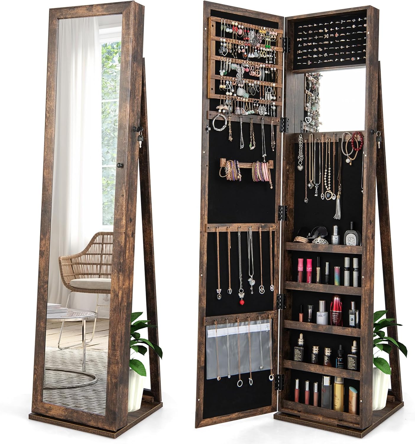 COSTWAY Standing Jewelry Cabinet, Large Capacity Jewelry Organizer w/Full-Length Mirror & Rear Storage Shelves, Lockable Mirror Jewelry Armoire with Keys for Girls Women (Rustic Brown)