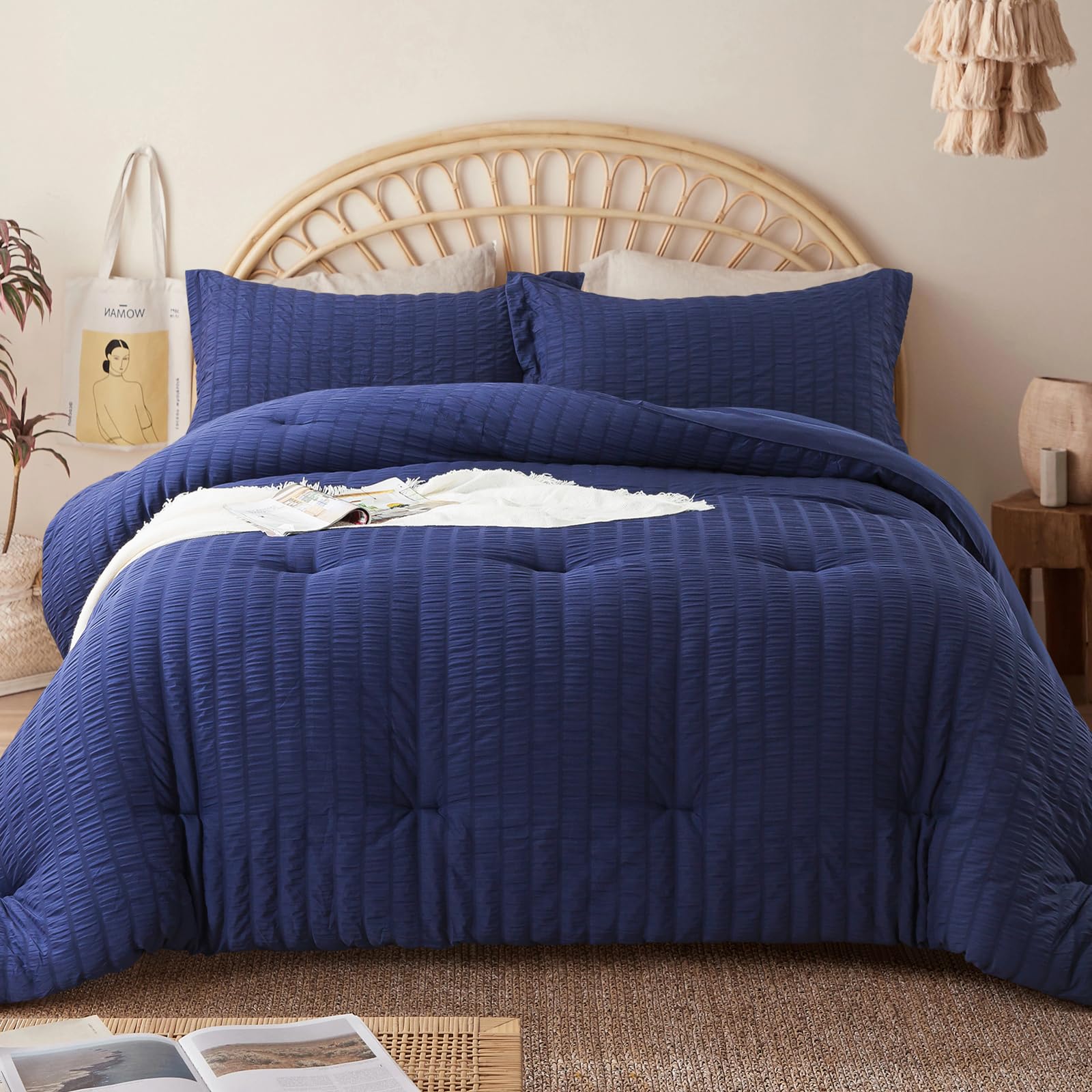 Cosybay King Comforter Set - 3 Pieces Seersucker Bedding Comforter Set, Navy Blue Down Alternative Comforter Set for All Season, 1 Comforter (102"x90") and 2 Pillow Shams (20"x36"+2")