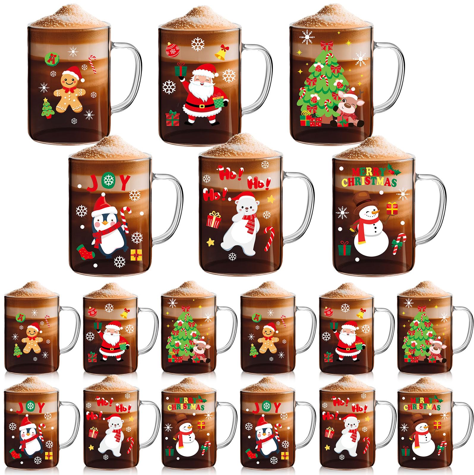 Baderke 24-teiliges Weihnachtsglasbecher-Set, 473 ml, Winter-Kaffeetassen, Großpackung mit Griff, Schneemann, Schneeflocke, Kaffeetassen, Weihnachtsmann, Weihnachtsgeschenk, für Damen, Herren, Urlaub,