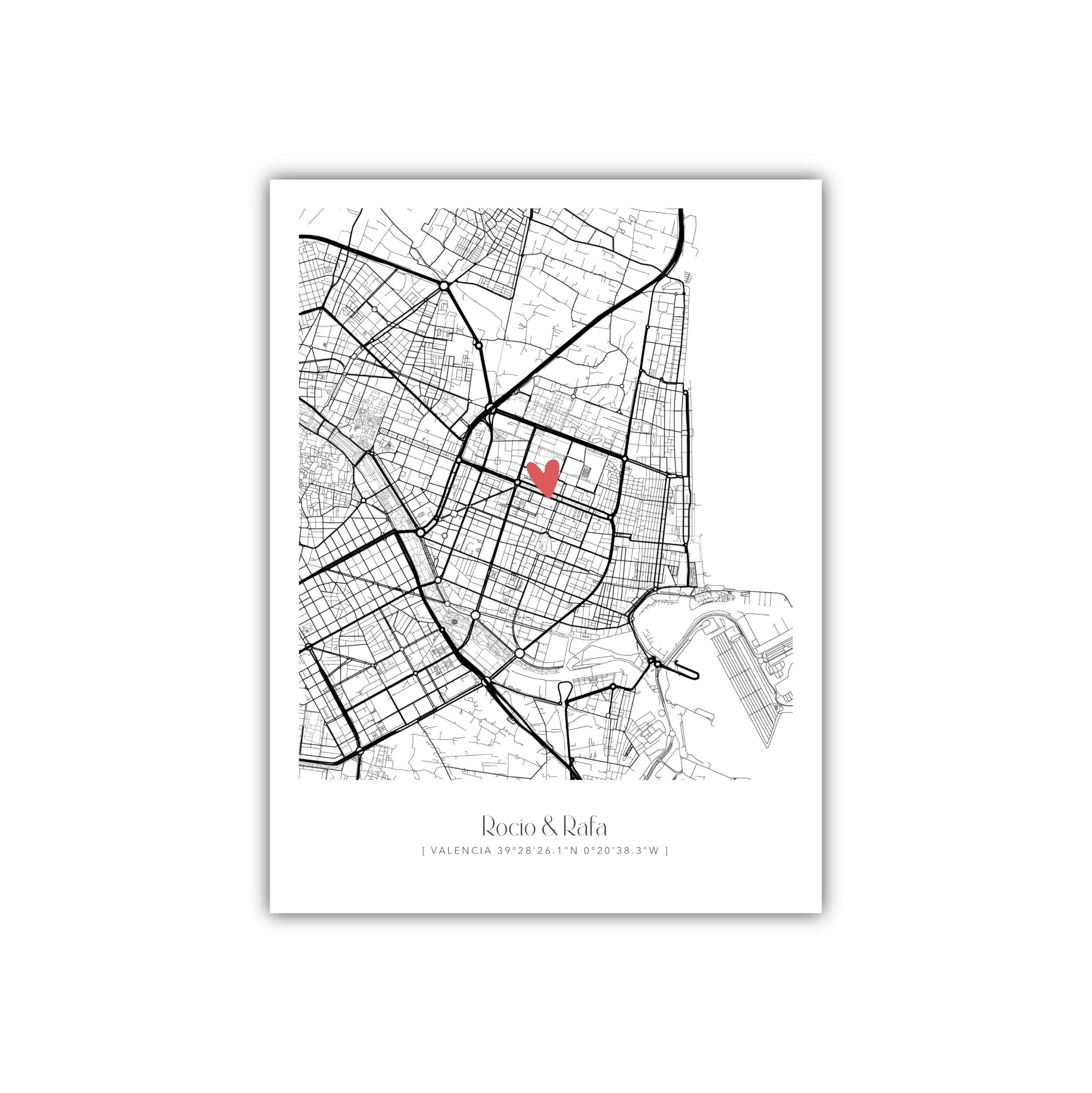 Lámina Personalizada Mapa con ubicación en forma de corazón - Regalos personalizados únicos para Bodas, Aniversarios, San Valentín, etc - 30 x 40 cm. Sin Marco