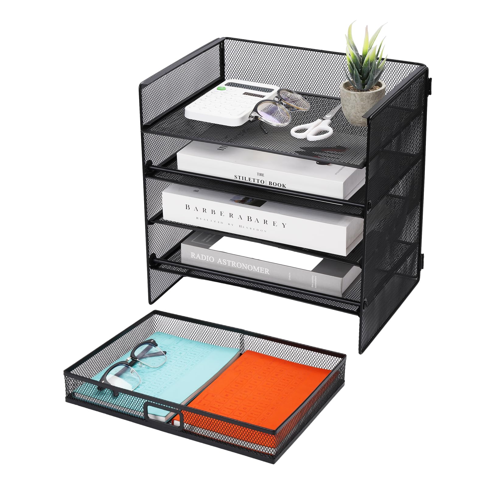 Cinnani Organizador de escritorio,bandeja de papel de 5 niveles con cajón, organizador de compartimentos de almacenamiento con carpetas,cartas,papel,bandeja organizadora de escritorio de metal (negro)