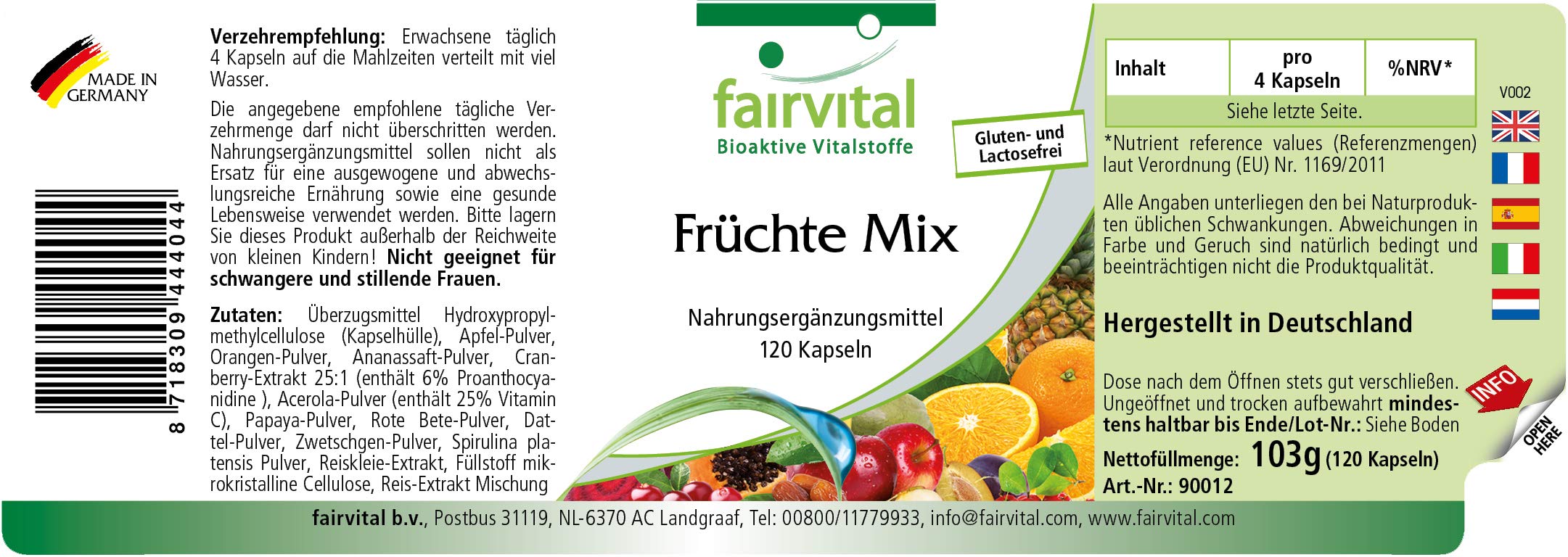 fairvital Mix di frutta, 120 capsule, ALTO DOSAGGIO, VEGANO, polvere multivitaminica naturale alla frutta, con estratto di mirtillo rosso, acerola, spirulina e molto altro