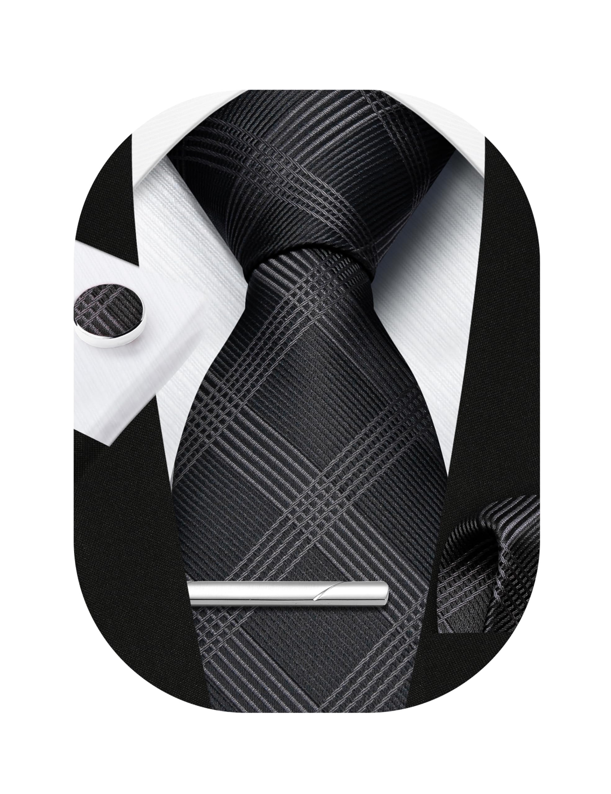 Plaid Ties for Men Classic Checkered Tie and Pocket Square Cufflinks Tie Clip Set Woven Men's Necktie Business