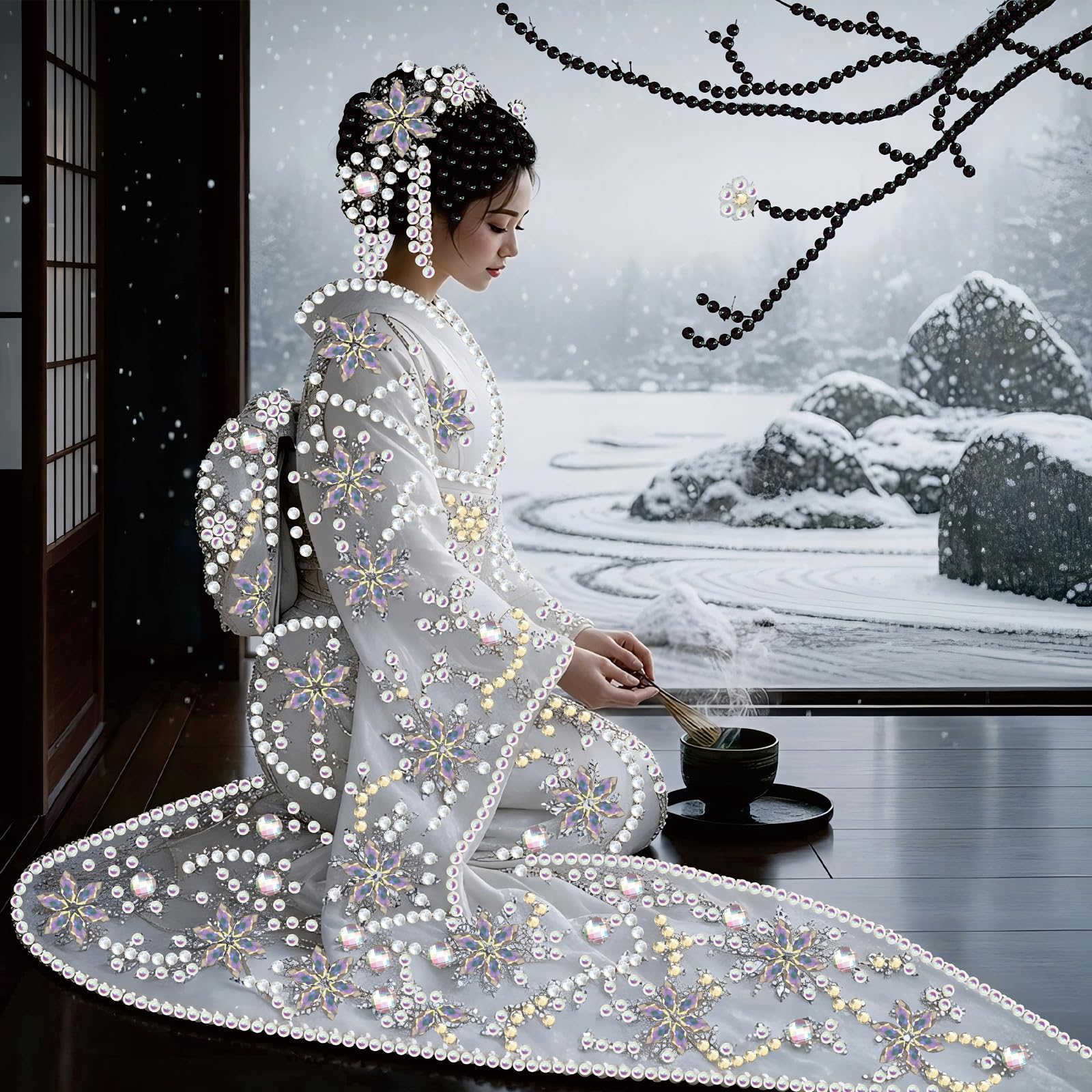 POETRYDRAW Snow Garden Kimono Lady 5D Diamond Art Kit 11.81x11.81inch