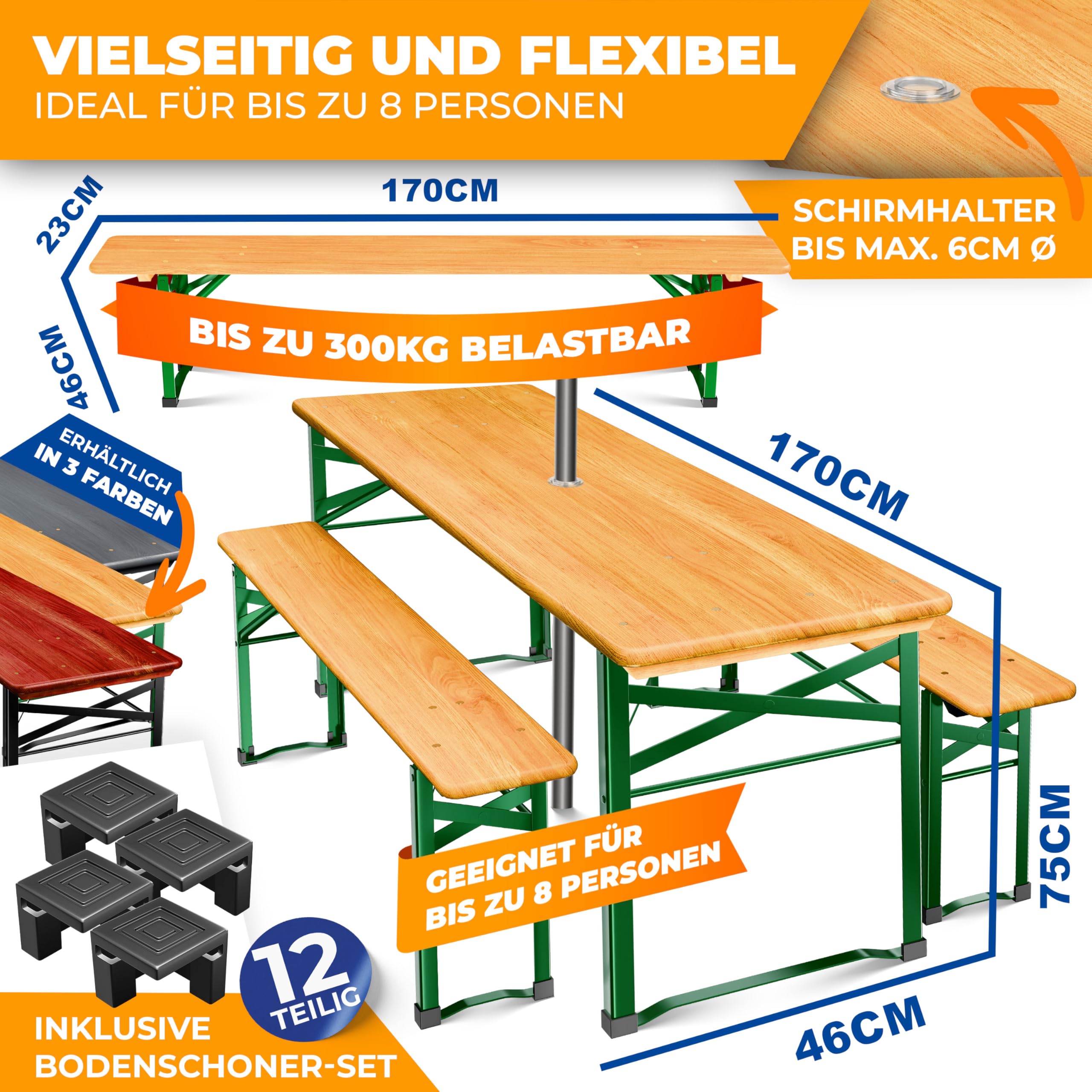 KESSER® Bierzeltgarnitur 3-TLG., Festzeltgarnitur klappbar, Biertisch mit 2 Bierbänken, Gartenmöbel Set Holz, Partygarnitur, Sitzgarnitur, wetterfest, stabil, 170x46x75cm, 12-TLG. Bodenschoner