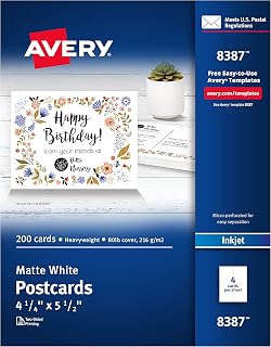 Avery 8387 Printable Postcards 4.25x5.5 Matte White 200 Pack for Inkjet Printers - USPS Approved