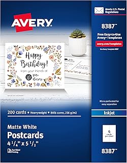 Avery Printable Postcards, 4.25" x 5.5", Matte White, 200 Blank Postcards for Inkjet Printers (8387)