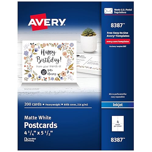 Avery Printable Postcards, 4.25" x 5.5", Matte White, 200 Blank