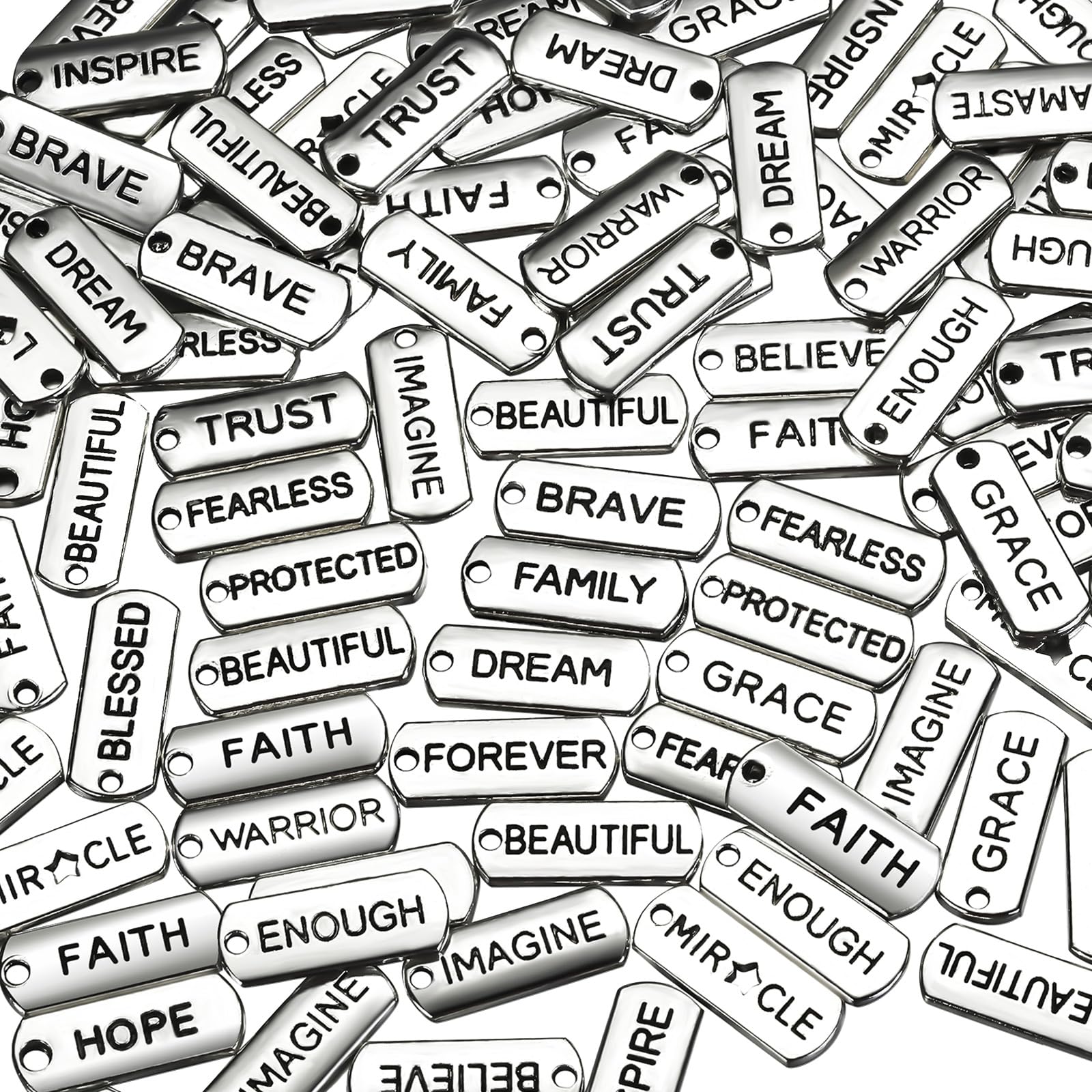 Hicarer Word Charms Pendants Engraved Motivational Charms Pendants Jewelry Making Accessories for DIY Necklaces, Bracelets, Key Chains(Silver,80 Pcs)