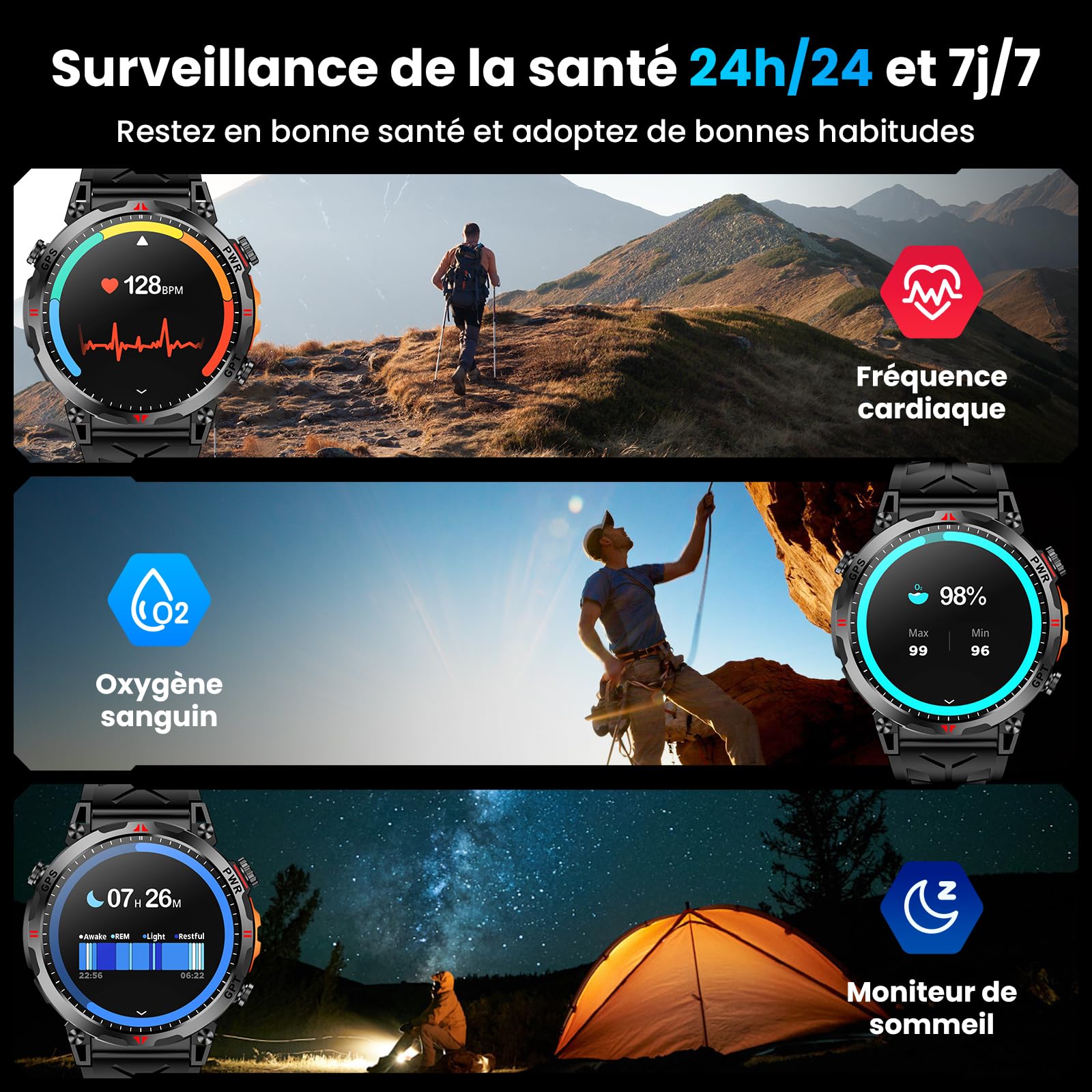 Montre Connectée Homme Militaire 1,56", avec GPS / AI Cadran / Vocal GPT | Boussole/Appel Bluetooth/Détection Pression de Fréquence Cardiaque, Compatible avec Android et iOS, 100 + Modes Sportifs GPS