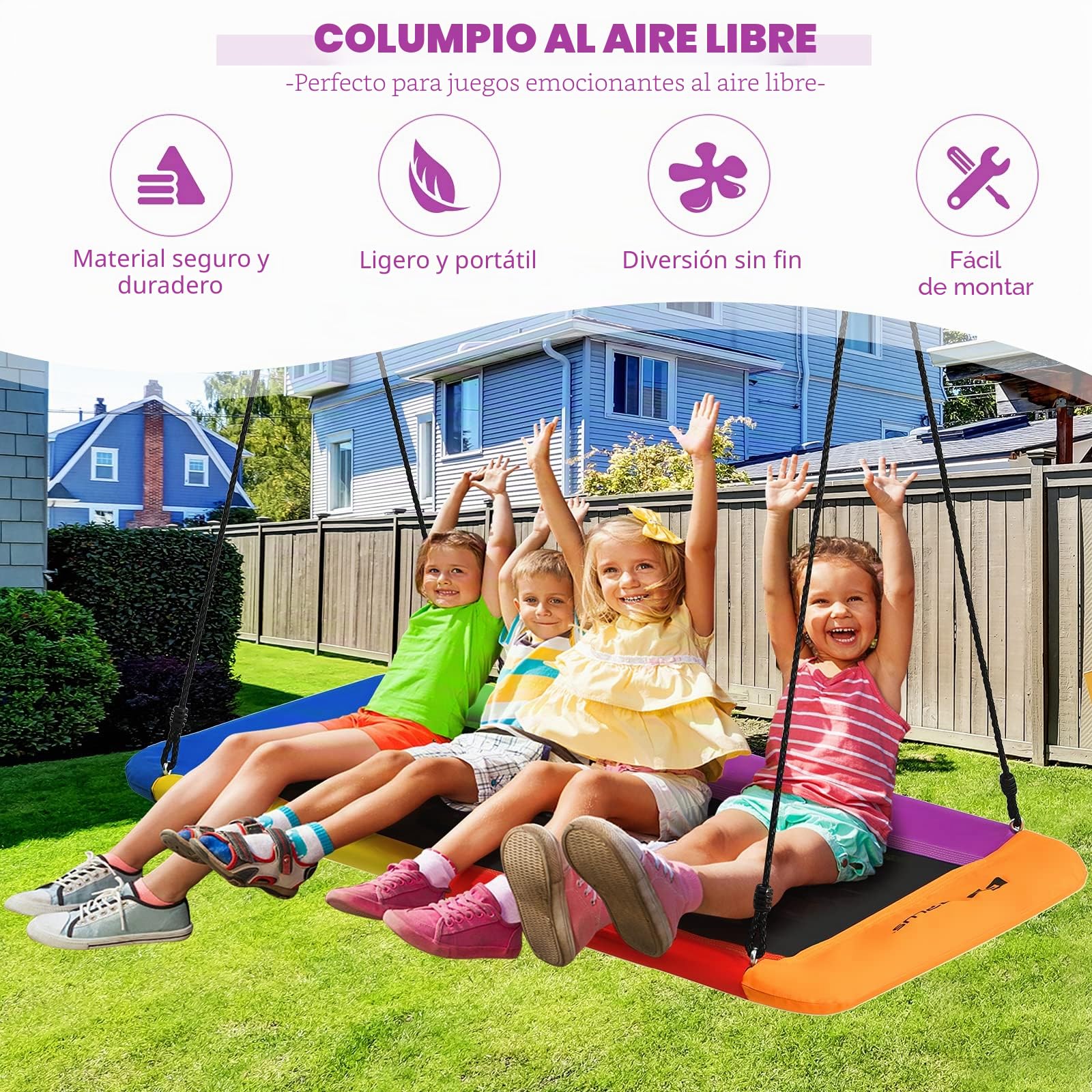 GOPLUS Columpio Rectangular Suspendido al Aire Libre, Nido de Pájaro de Cuerdas Ajustables 100-180CM, Asiento Suspendido al Aire Libre para Niños, hasta 315 KG,150 x 80CM (Multicolor)