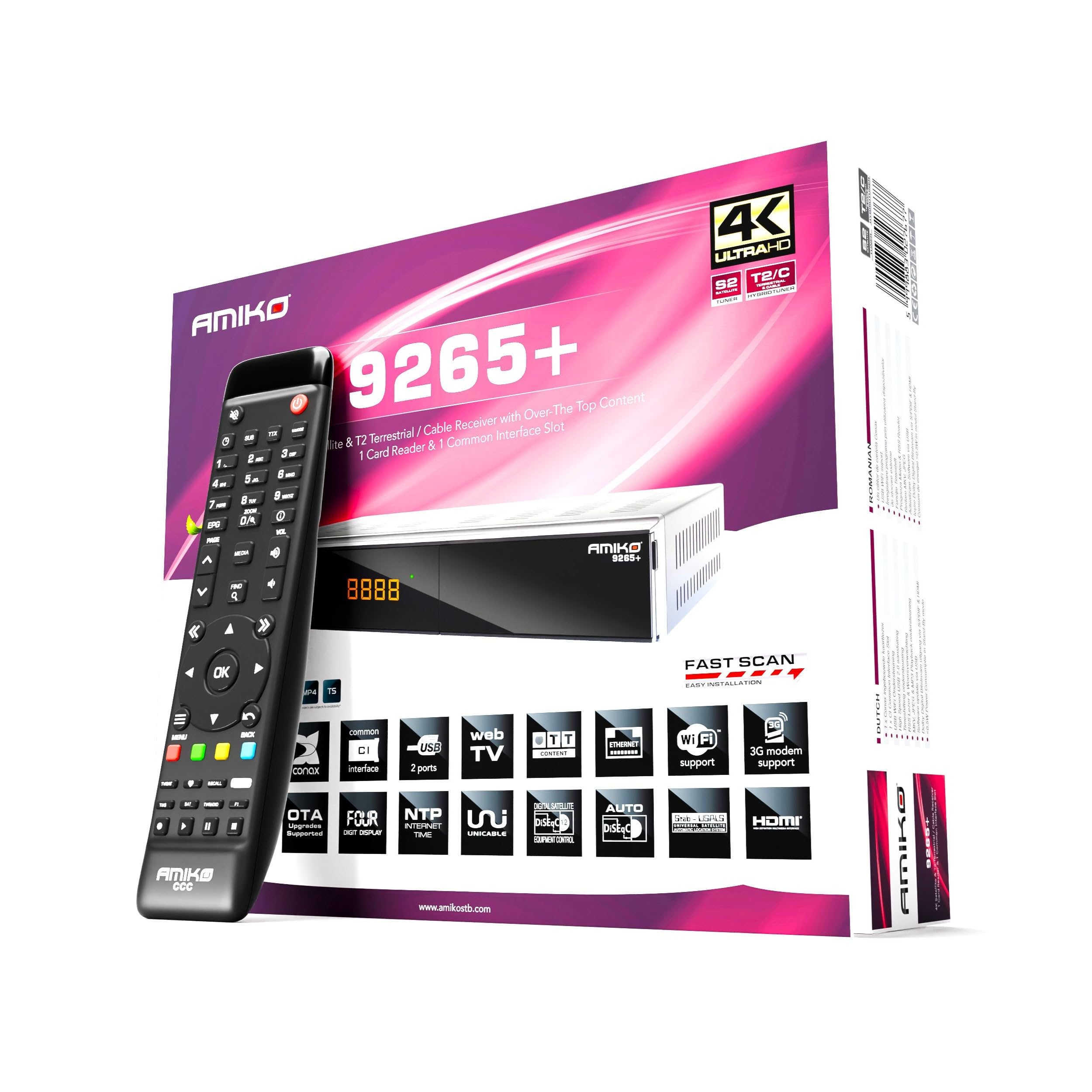 AMIKO 9265+ 4K UHD Combo odbiornik satelitarny i DVB-T2 z funkcją nagrywania PVR, czytnikiem kart, gniazdem CI, do anteny satelitarnej, telewizji kablowej i odbioru DVBT2, kabel H.265 + M@TEC HDMI