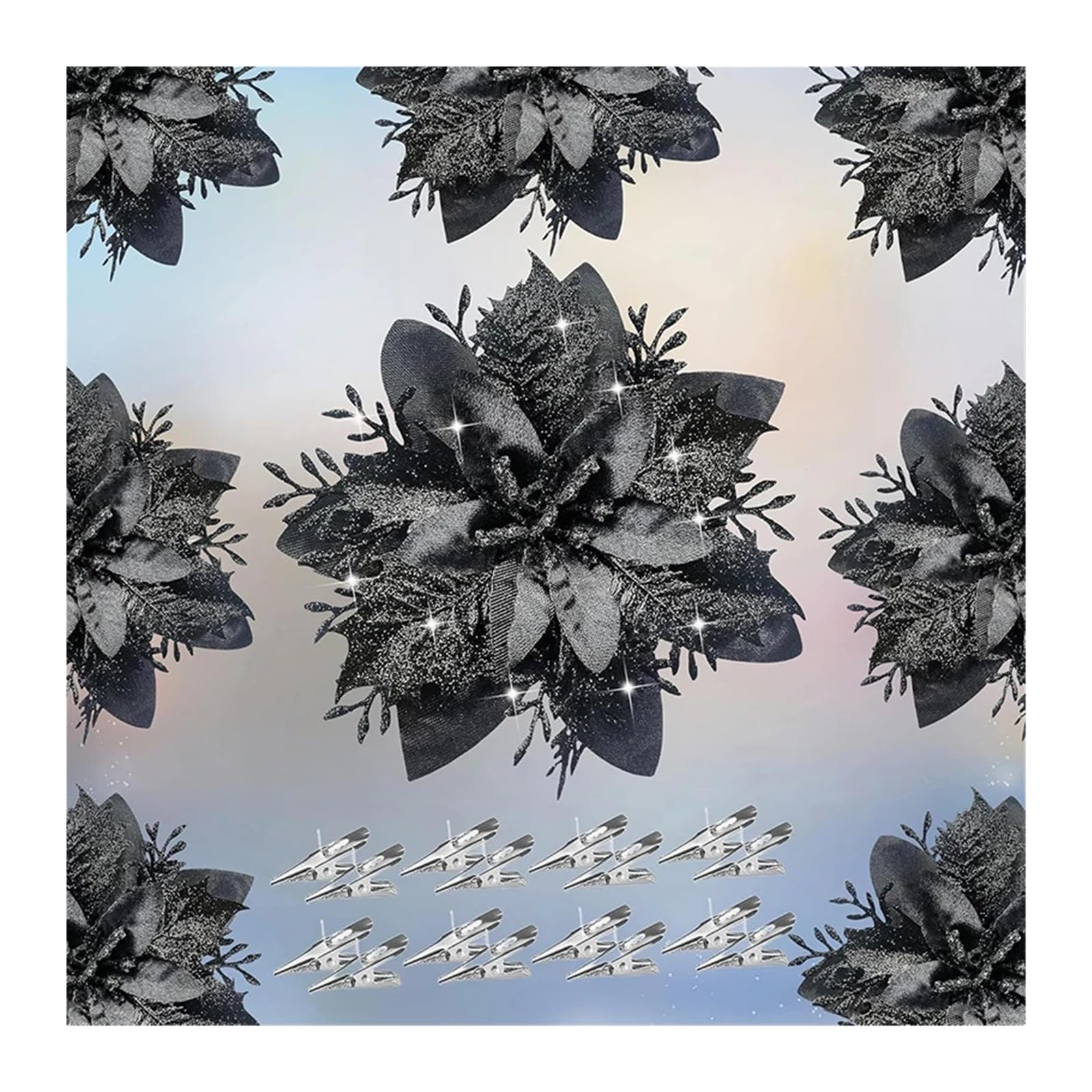 FDBTYJN Fabric Flowers 2/5Pcs 14cm Glitter Artifical Flowers Mreey Tree Decor Happy Year Ornaments Xmas Fake Natal(Black,5Pcs)