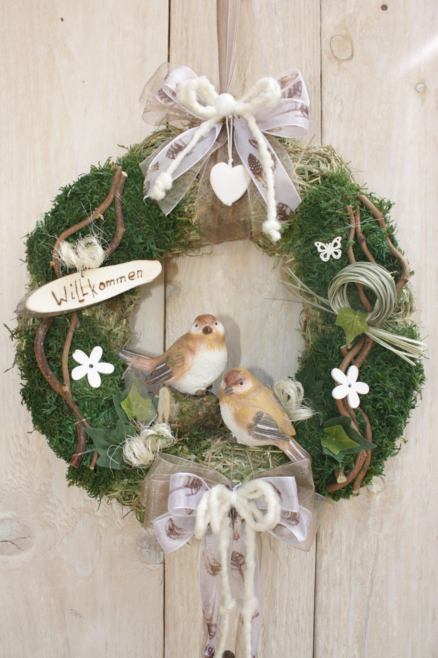 Türkranz D32 cm Sommer mit Zwei Vögel, Taupe weiß | für Tür und Wand, Handgefertigt in Deutschland, Mit Schleife und Willkommen-Schild