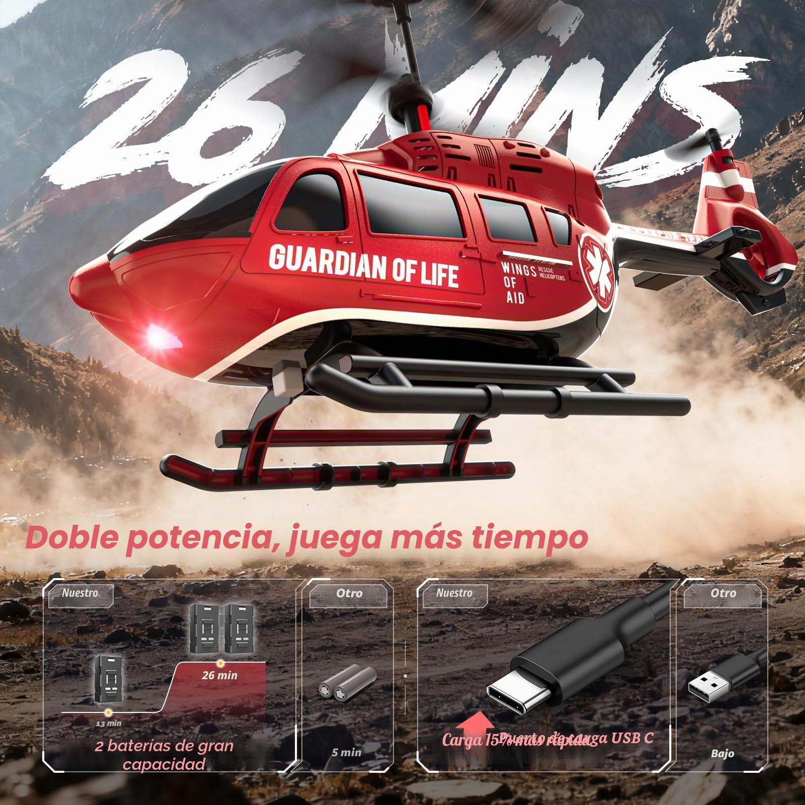 DEERC helicóptero mando a distancia, RC militar de rescate con luces LED, 2 baterías recargables, mantenimiento de altitud, control estable 2.4GHz, juguete telecontrolado ideal para niños y adultos