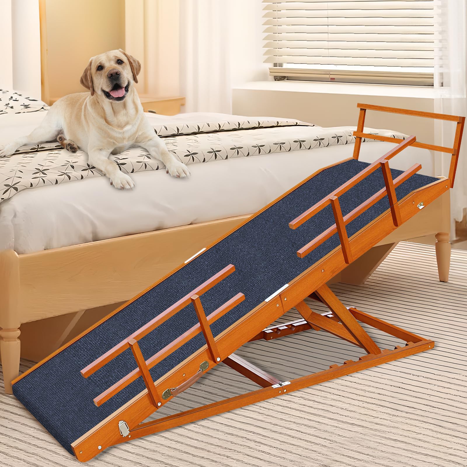 Large Dog Ramp Bed Couch: JOPAVO Wooden Indoor Pet Ramps, 65 Inch Long 5-level High Adjustable from 18" to 32" Tall, Foldable with Non-Slip Replaceable Carpet, Safety Rail for Small Doggy Bedroom Sofa