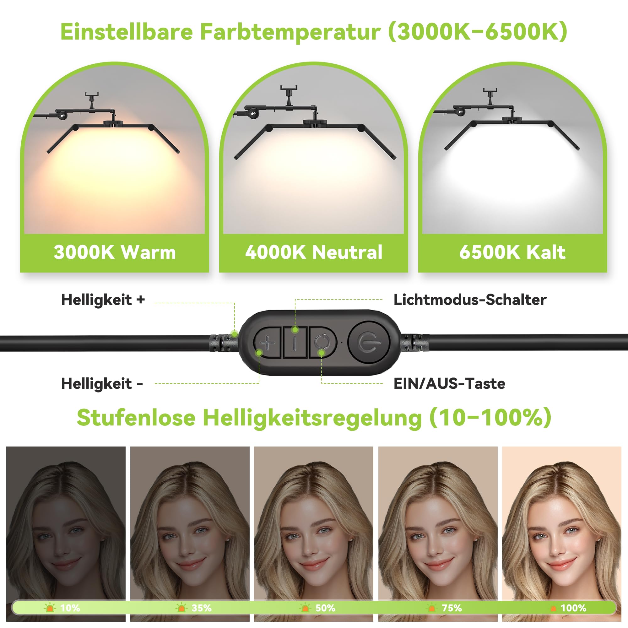 STASUN Halbmond-Stehlampe,28 Zoll Faltbare Wimpern Lampe mit Telefonhalter für Wimpernverlängerungen,45W Dimmbares LED Stehlampe für Nail Tech, Beauty, Kosmetik Lash Light