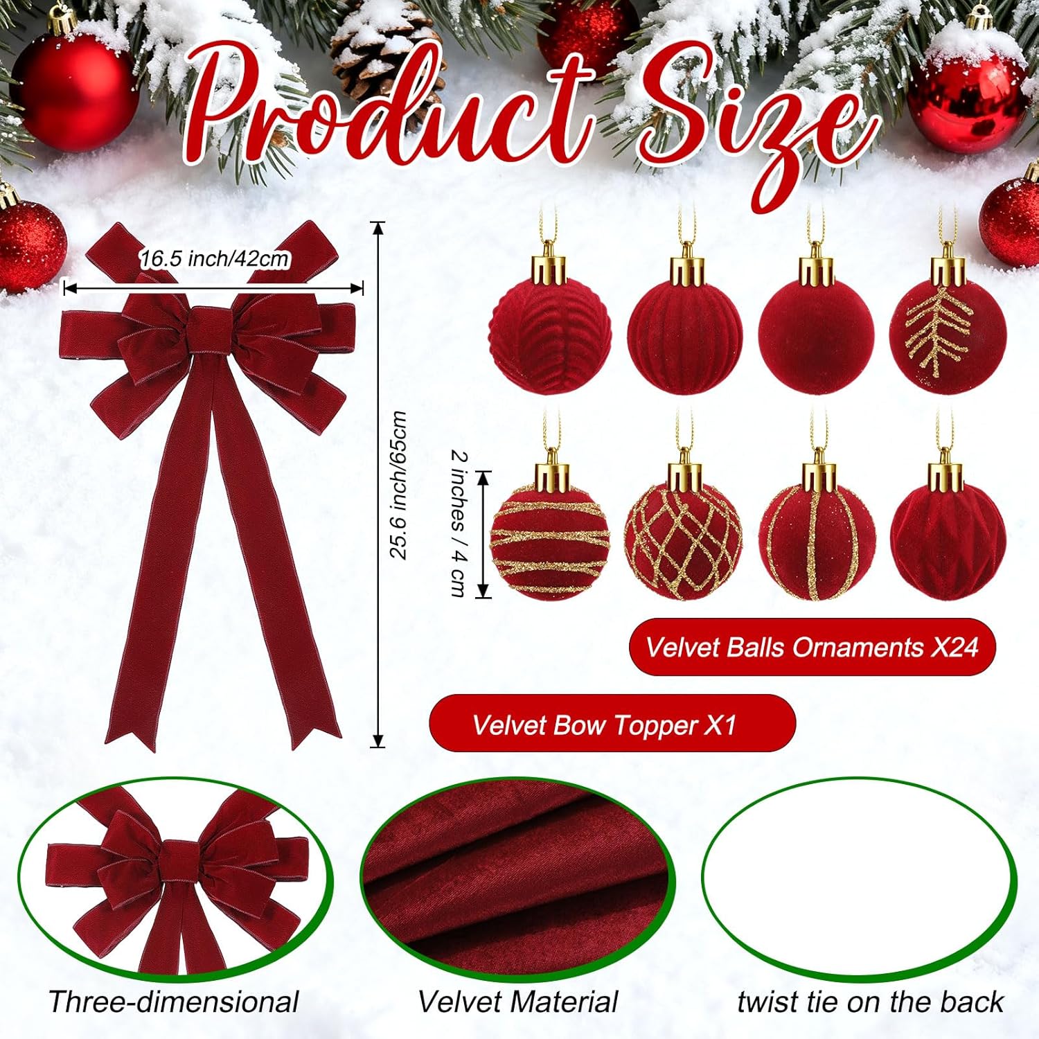 26 Pcs Wine Red Christmas Decorations Set 25.6 Inch Velvet Large Bow Xmas Tree Topper 48 Inch Christmas Tree Skirt Ball Ornaments for Home Office Xmas Holiday Party Decoration