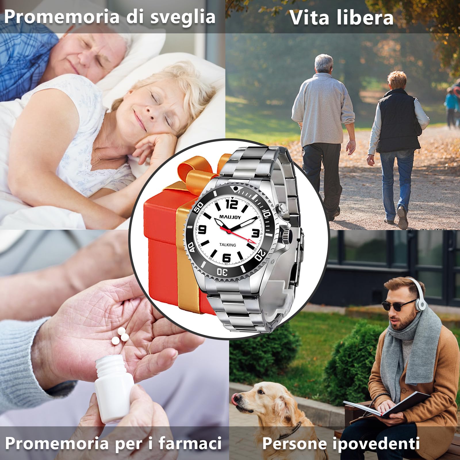通用 MAUJOY Uomo Orologio Parlante in Italiano con Sveglia e Relazione oraria,annuncio ora e data con giorno della settimana Per anziani e non Vedenti.
