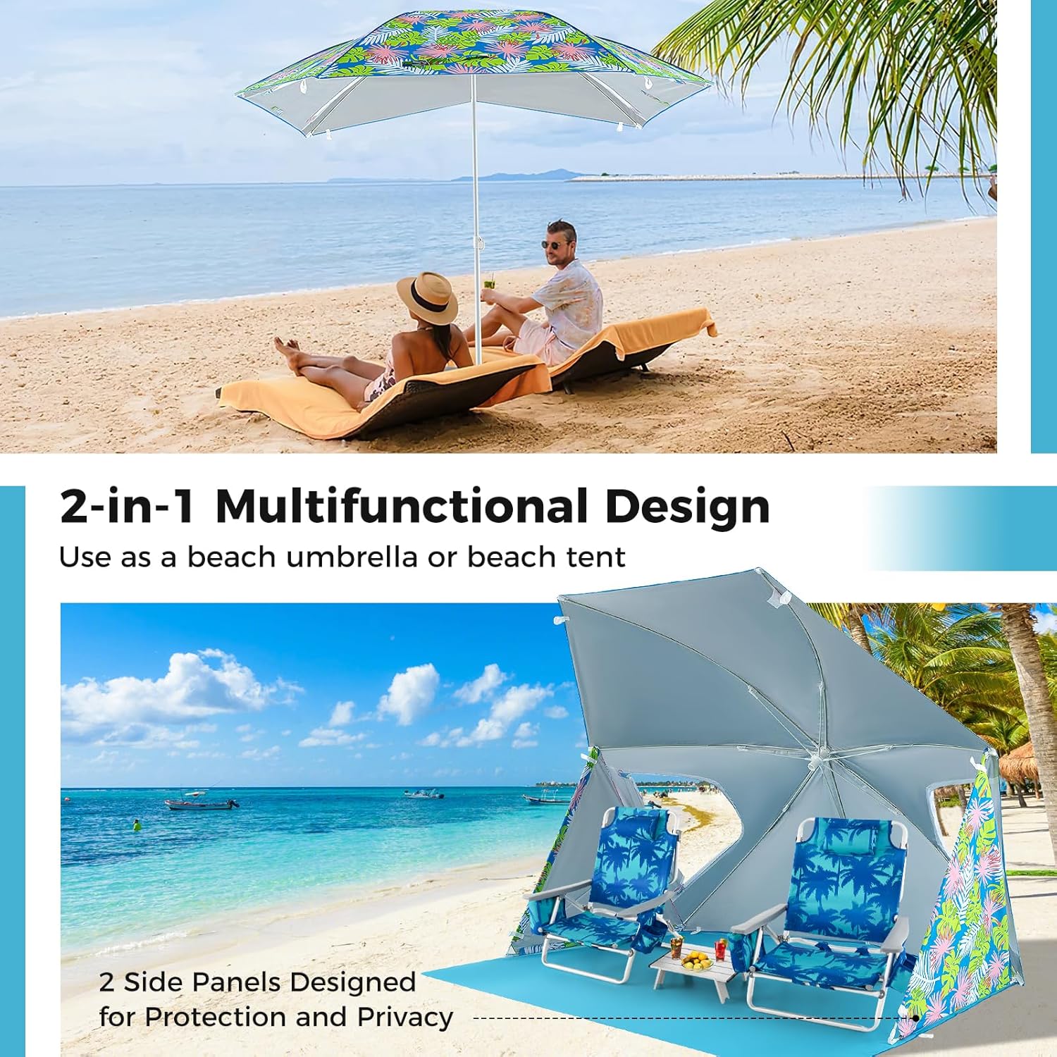 GYMAX Beach Umbrella Tent, 2-in-1 Pop up Beach Tent UPF50+ with Carrying Bag, Groundsheet, Side Panels, Sun Shelter for Outdoor Camping