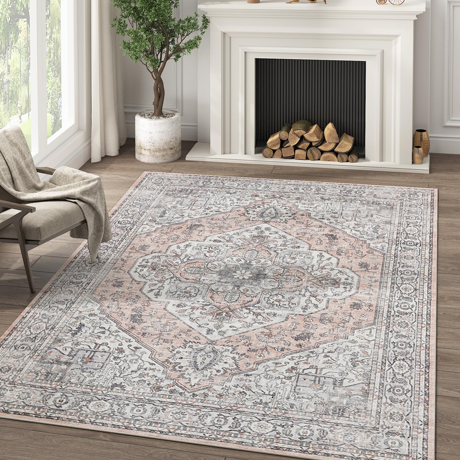 jinchan Area Rug 5x7 Accent Rug Indoor Vintage Floor Mat Soft Printed Distressed Carpet Grey Pink Non Slip Washable Floorcover for Kitchen Living Room Bedroom Dining Room