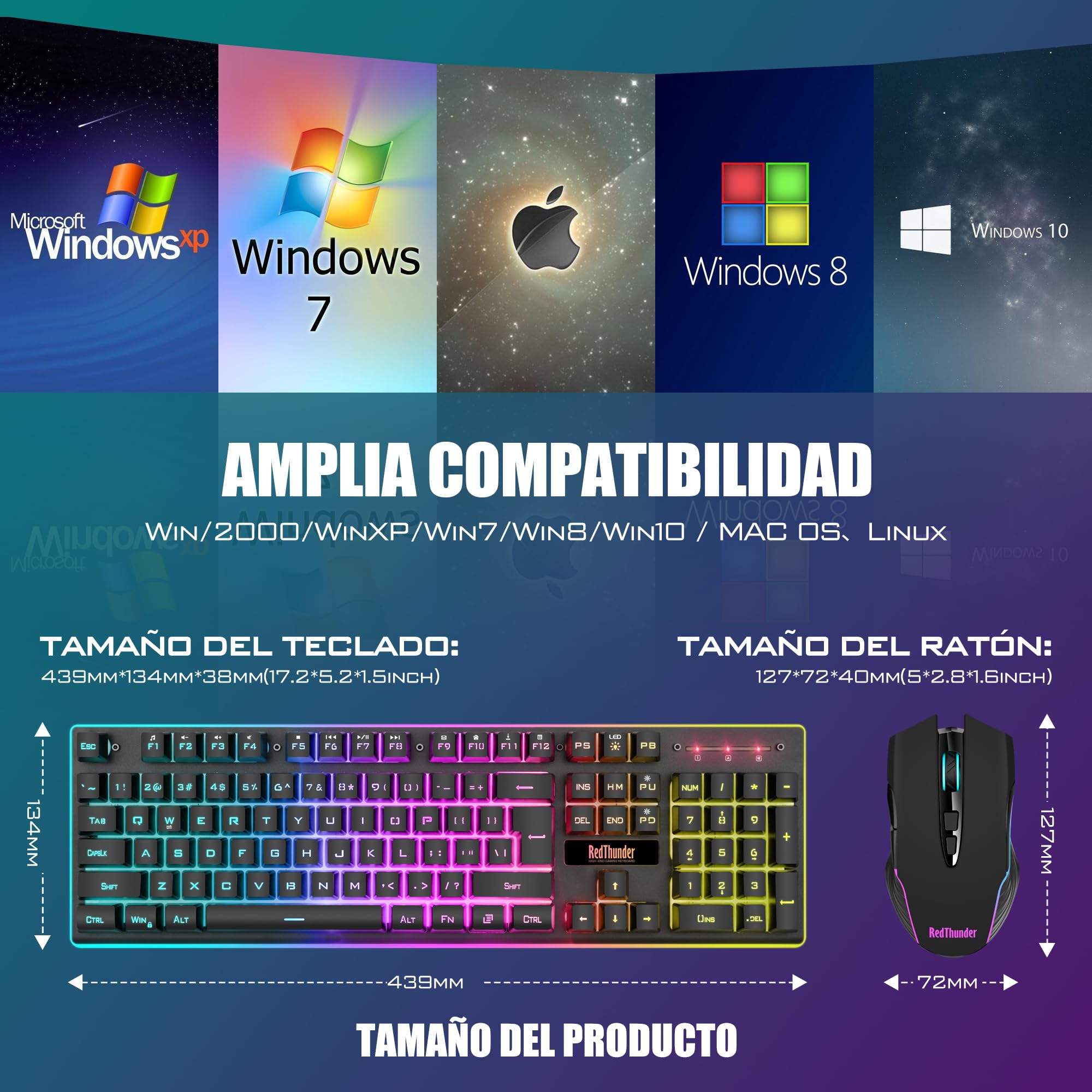 RedThunder K10 Teclado Gaming Sensación Mecánico lnalámbrico,Retroiluminación RGB,Batería Recargable de 3800 mAh, Anti-ghosting+Ratón 7D 3200DPI,Disposición ES,para PC/PS5/Xbox-Negro
