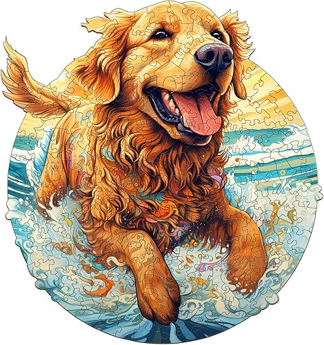 Rompecabezas de madera para adultos y niños, rompecabezas de perro Golden Retriever con forma única, hermosa caja de madera, regalos de cumpleaños