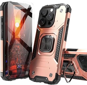 for iPhone 16 Pro Case with Screen Protector Rose Gold for Women,Hybrid Drop Test Cover with Car Mount Kickstand Slim Fit Shockproof Protective Sturdy Case for iPhone 16 Pro 6.3 Inch,Rose Gold