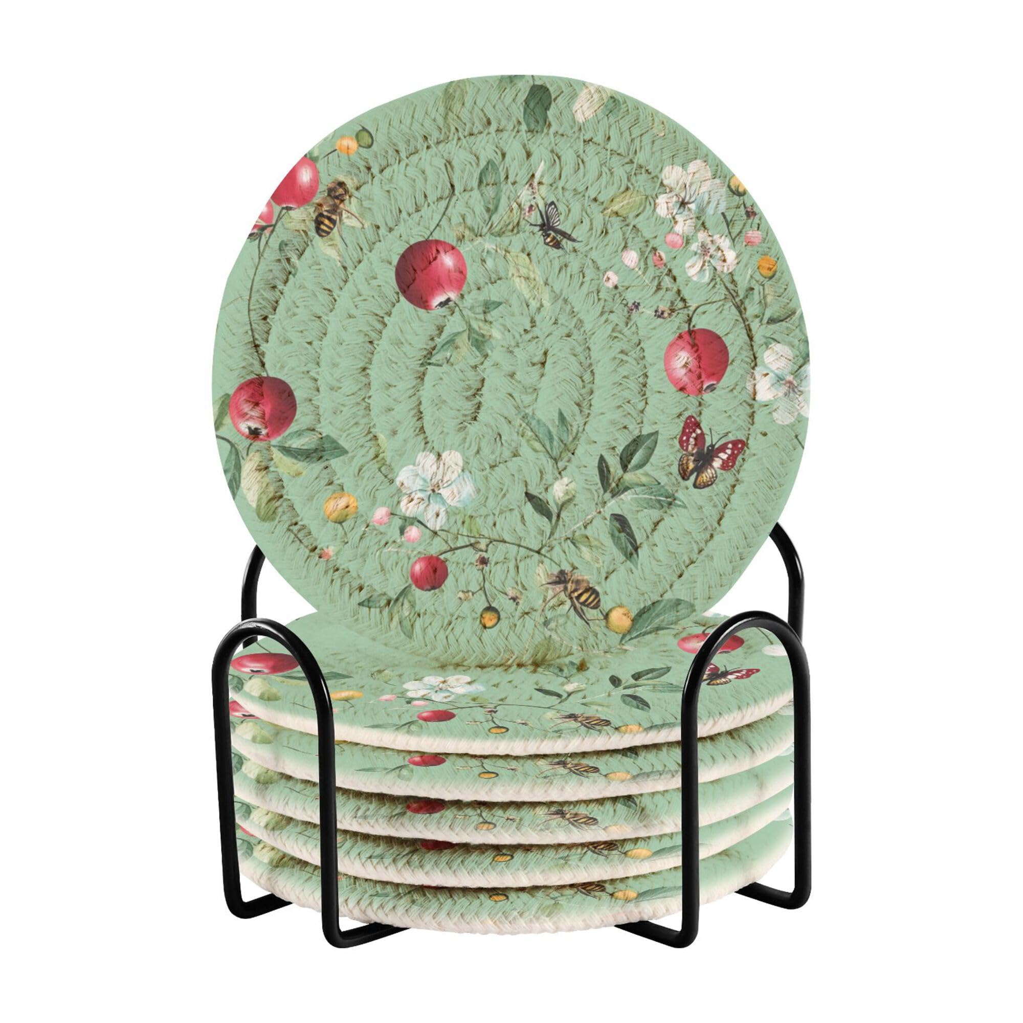 Funny Cranberries Fruit Sage Green Cotton Rope Absorbent Drink Coasters with Holder Set of 6 Aesthetic Coasters Table