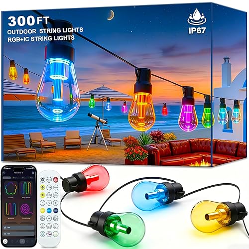 300FT RGB+IC Outdoor String Lights, Dimmable Shatterproof LED Bulbs, IP67