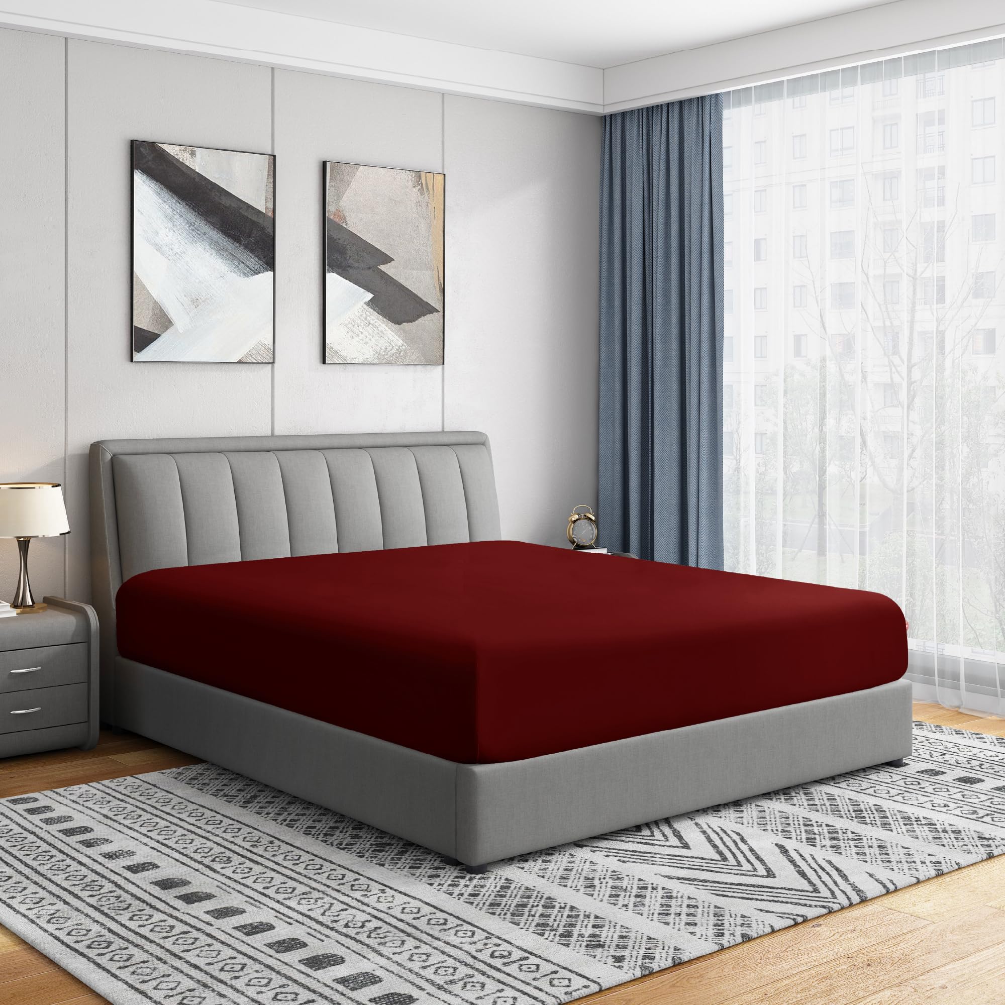 Cathay Luxury Silky Soft Polyester Single Fitted Sheet, King Size, Burgundy