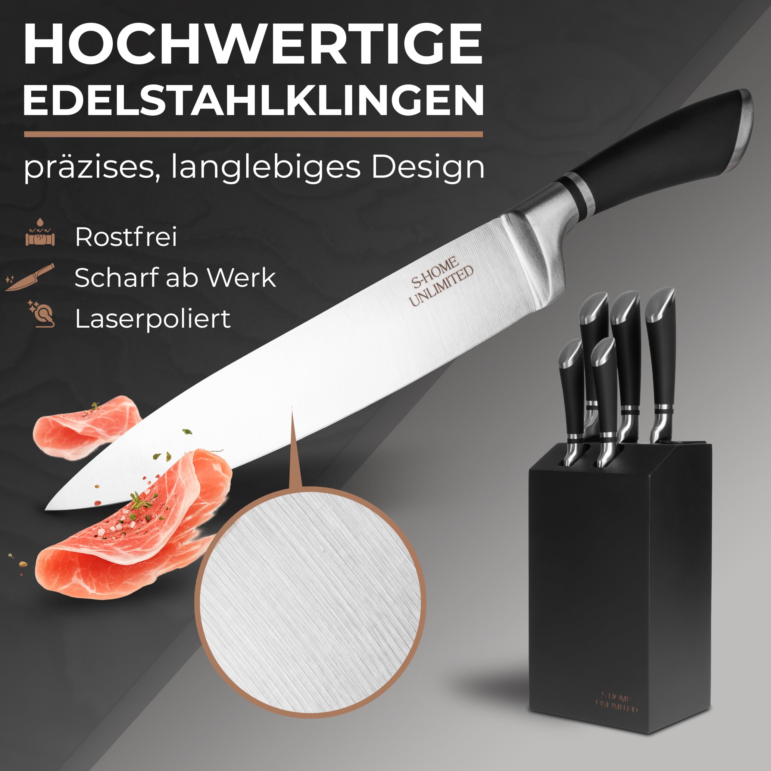 Messerblock mit Messern | 6-teiliges Set inkl. Schärfer | Ergonomische Edelstahlgriffe | Edler Holzblock in Schwarz | Extrem scharf & langlebig