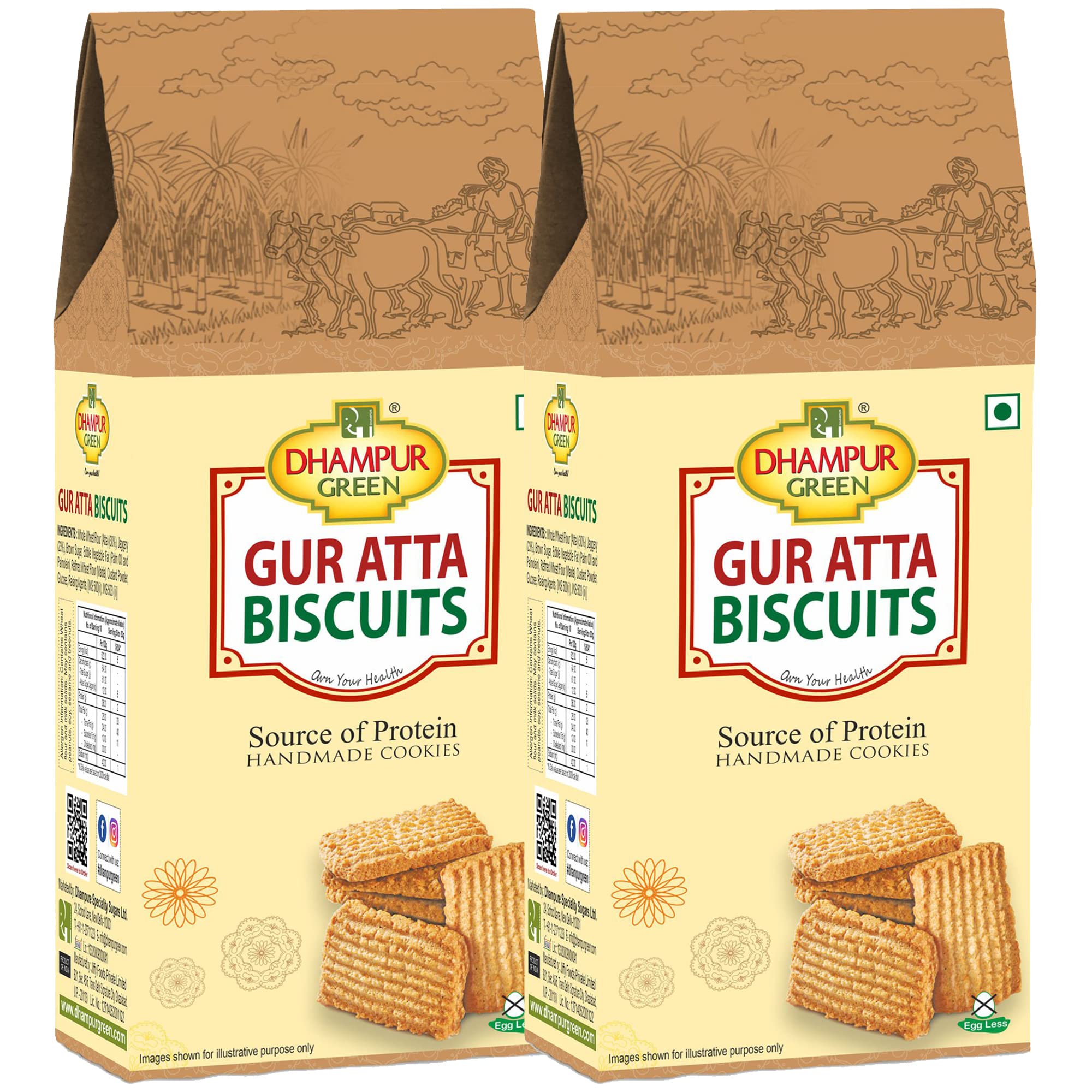 Dhampure Speciality Gur Jaggery Atta Cookies Biscuit, 400Grams (2 X 200G) | Healthy Snacks