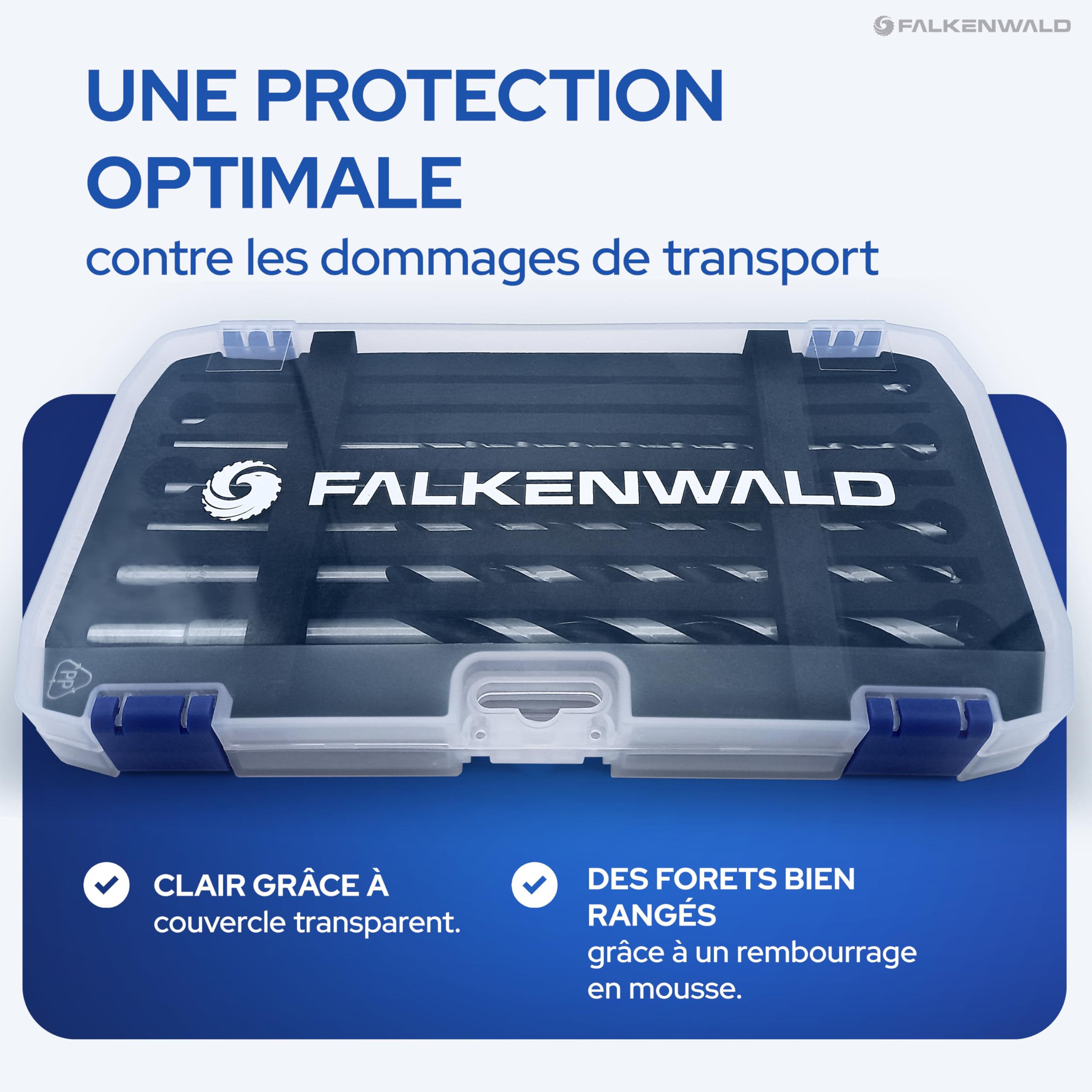 Falkenwald Lot de 7 forets à bois professionnels longs 7 pièces avec valise - Mèches hélicoïdales pour le bois - Forets hélicoïdaux Ø 4 mm, 5 mm, 6 mm, 7 mm, 8 mm, 10 mm, 12 mm x 250 mm