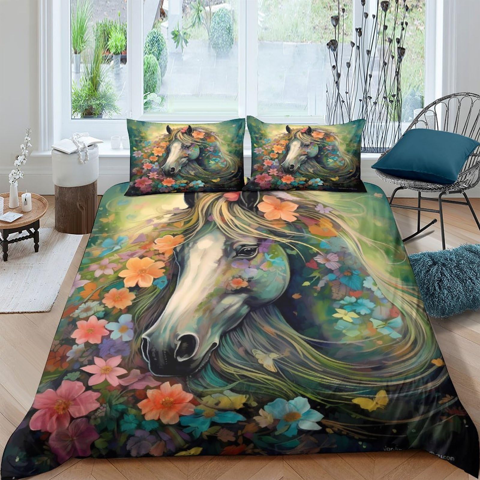 Housses de couettes 3D imprimé animal fleurs et chevaux parure de lit 3 pièces 200x200cm